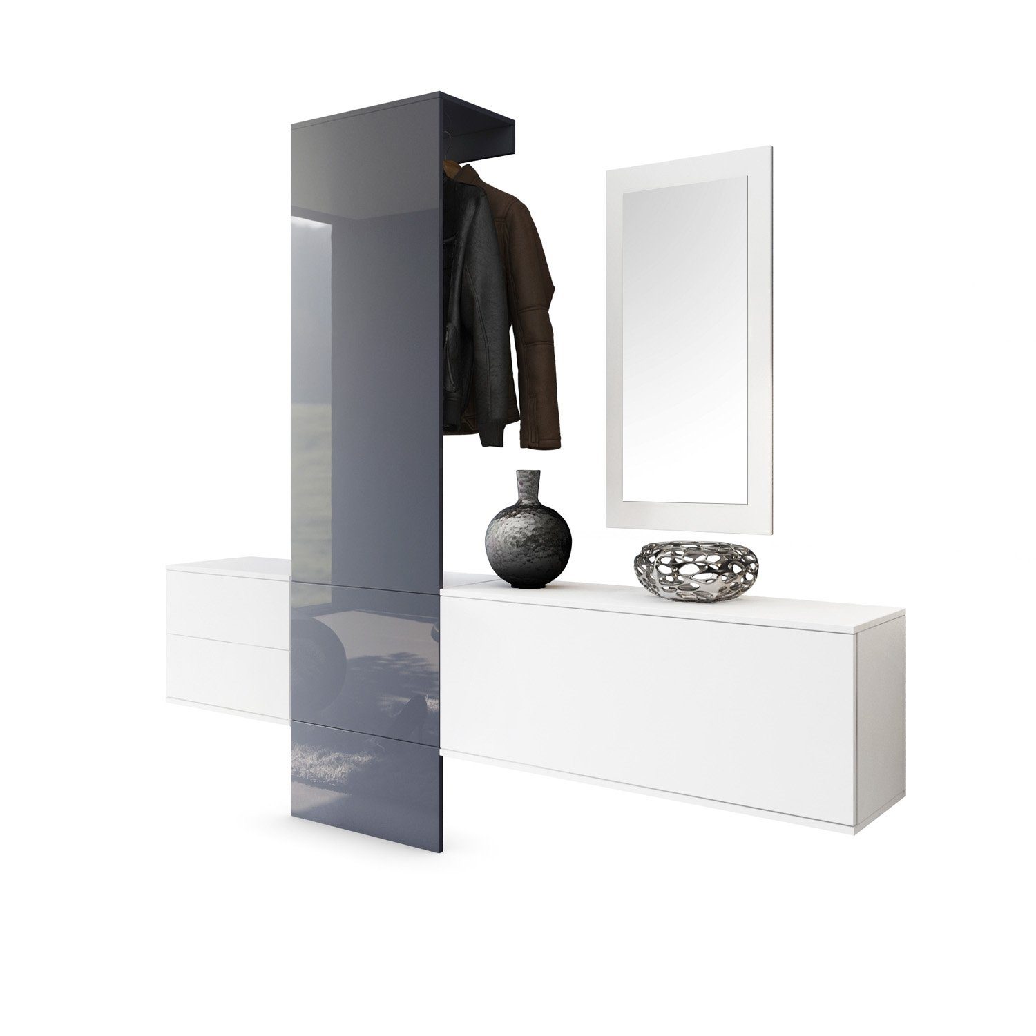 Vladon Garderoben-Set Carlton Set 1, (Wandgarderobe bestehend aus, 4-St., 1 Paneel, 1 Schubkastenschrank, 1 Schrankmodul und 1 Spiegel), Weiß matt/Grau Hochglanz (208 x 193 x 35 cm)