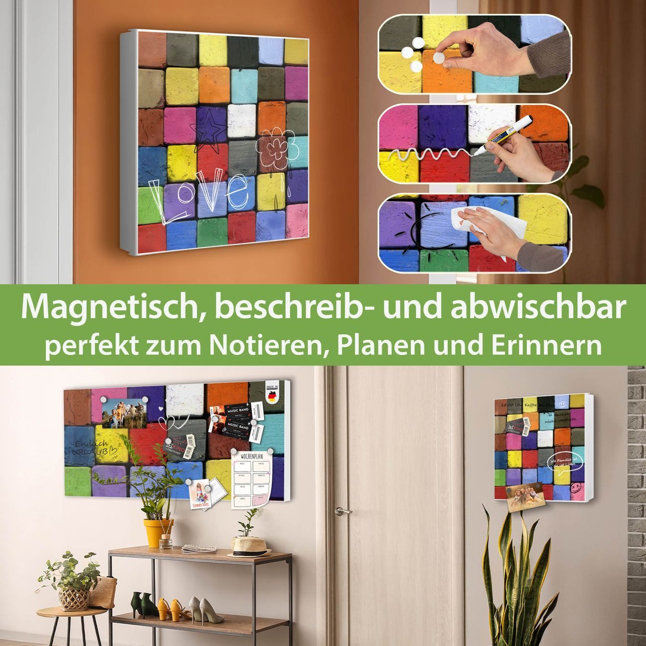 banjado Schlüsselkasten aus Metall mit Motiv Bunte Kreide (Stahl Gehäuse, mit 32 Haken, beschreibbar & magnetisch), 30 x 30 x 5 cm