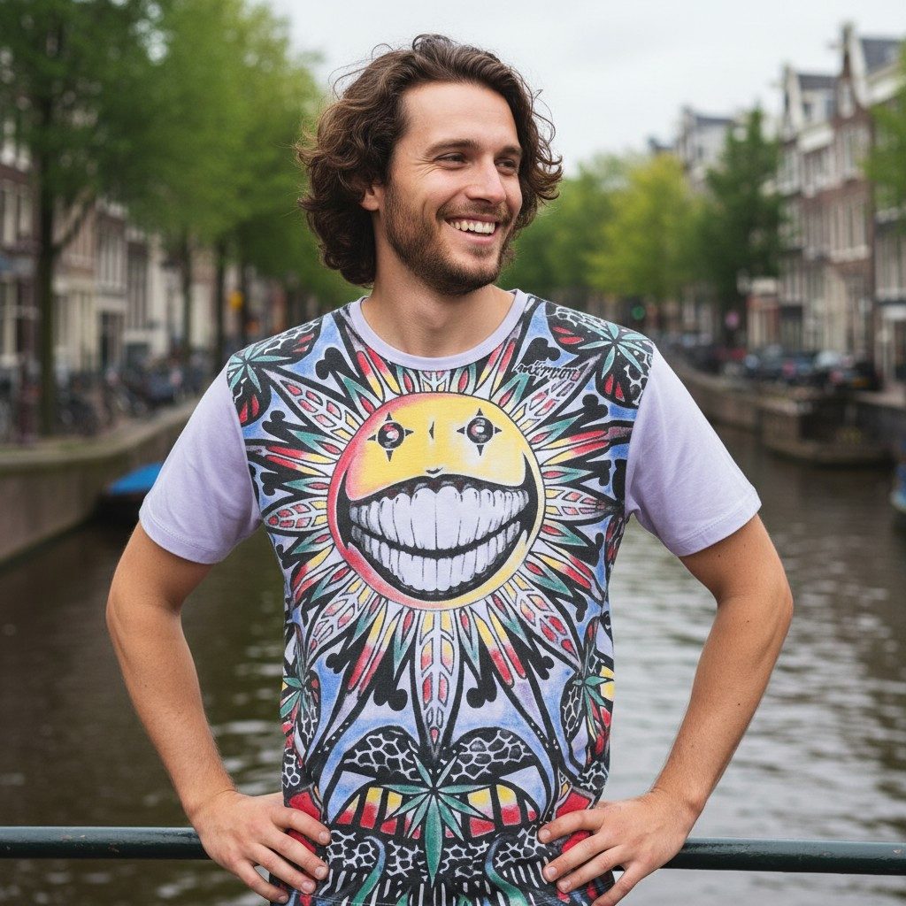 Guru-Shop T-Shirt Mirror T-Shirt - Happy Day/ flieder Goa Style, Festival, alternative Bekleidung