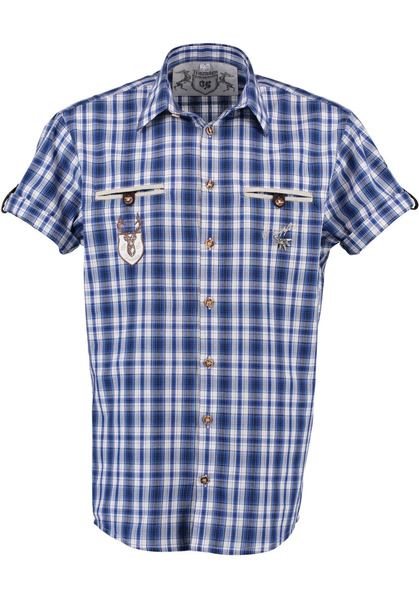 OS-Trachten Trachtenhemd Lyroa Kurzarmhemd mit Liegekragen, 2 Paspeltaschen dunkelblau