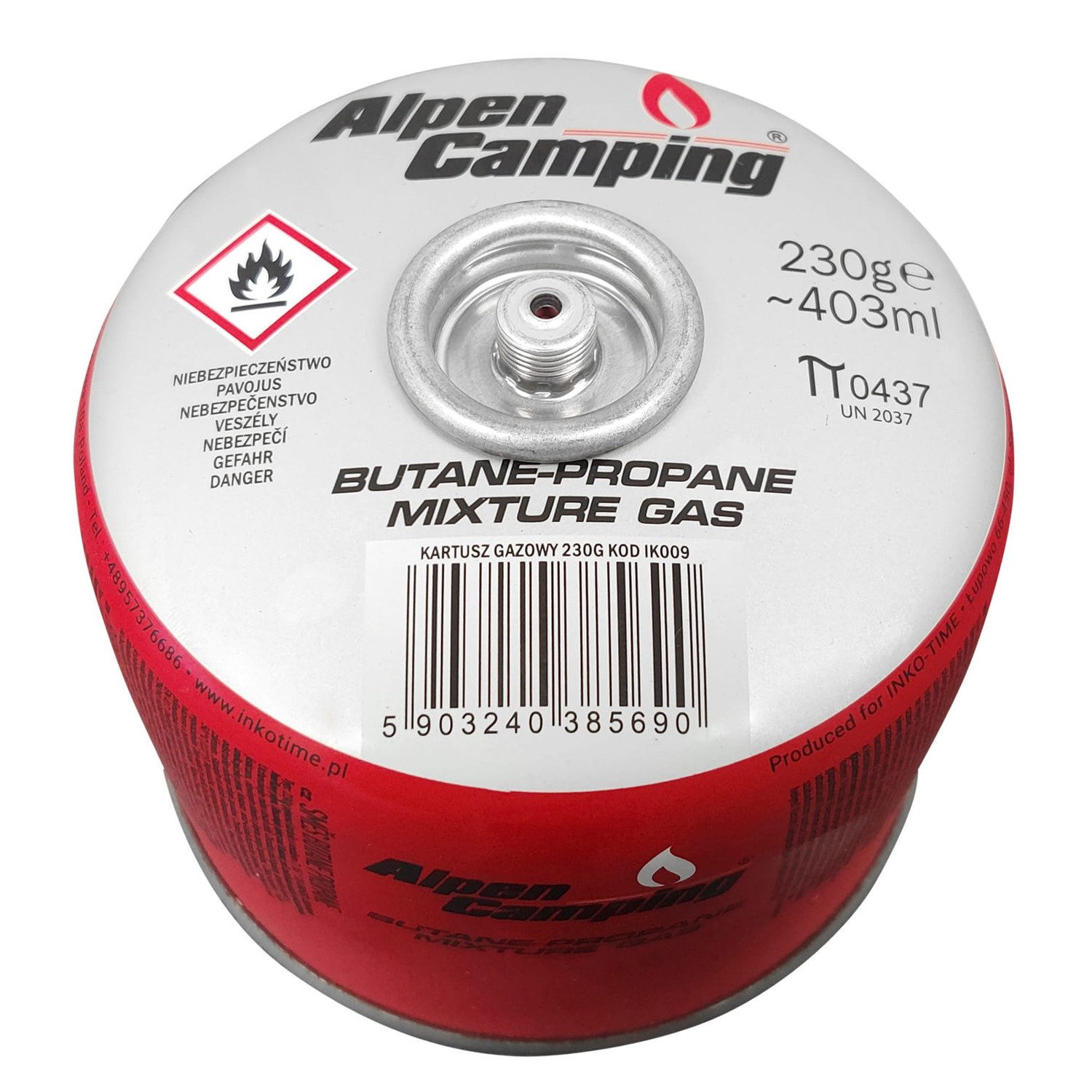 Alpen Camping Gaskartusche IK009 Gaskartusche für Kocher 230g, 1 St., Propan-Butan, Bereich -10°C bis + 40°C, 7/16"-Gewindeventil IK009