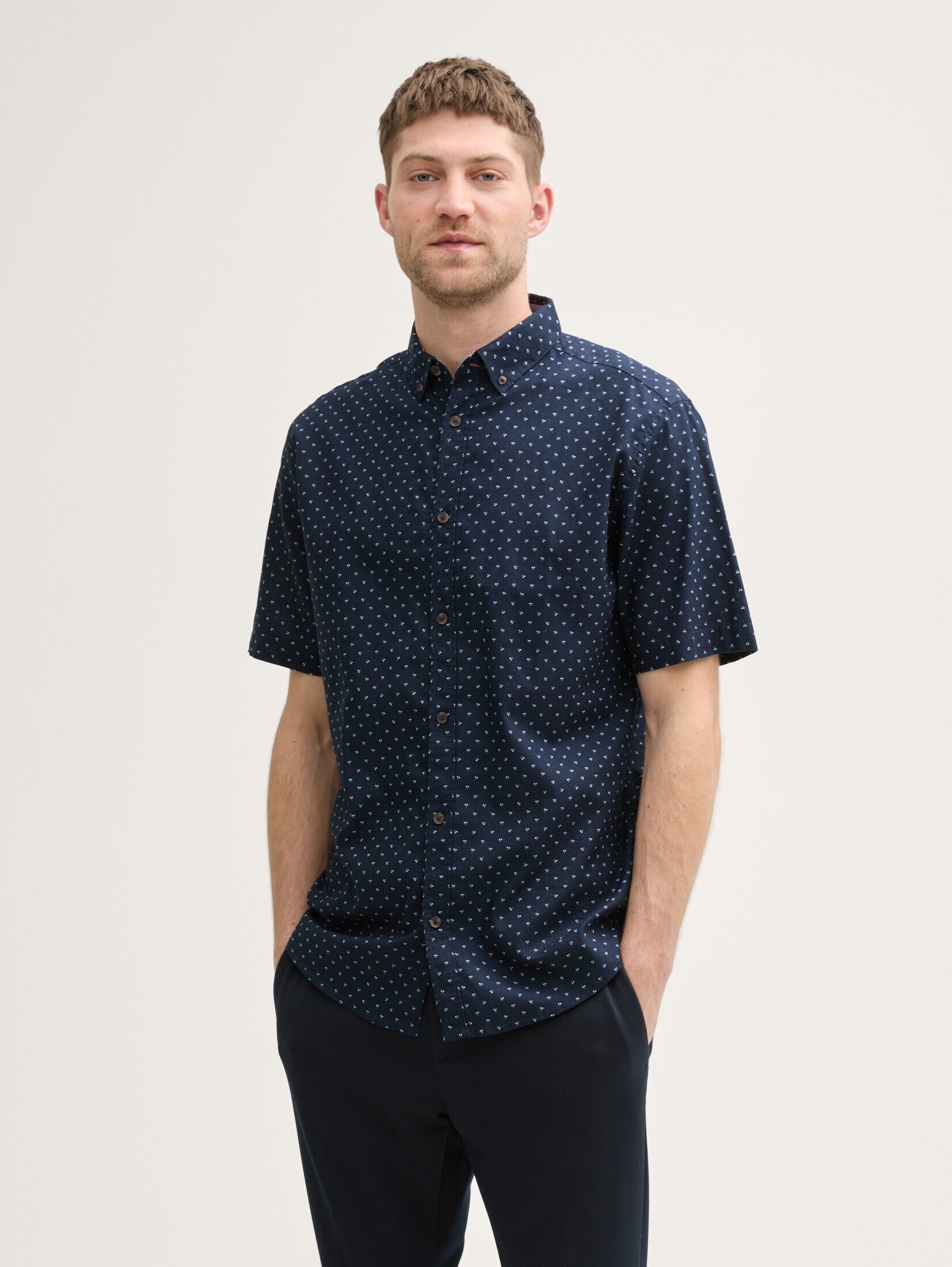 Tom Tailor Herren Kurzarm Hemd PRINTED COTTON LINEN SHIRT - Regular Fit günstig online kaufen