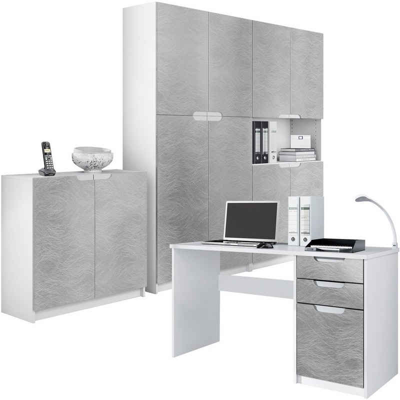 Vladon Aktenschrank »Logan« (4-St) Büromöbel-Set mit 1 Schreibtisch, 2 Schränken und 1 Kommode, Weiß matt/Scratchy Metal (246 x 60 x 185 cm)