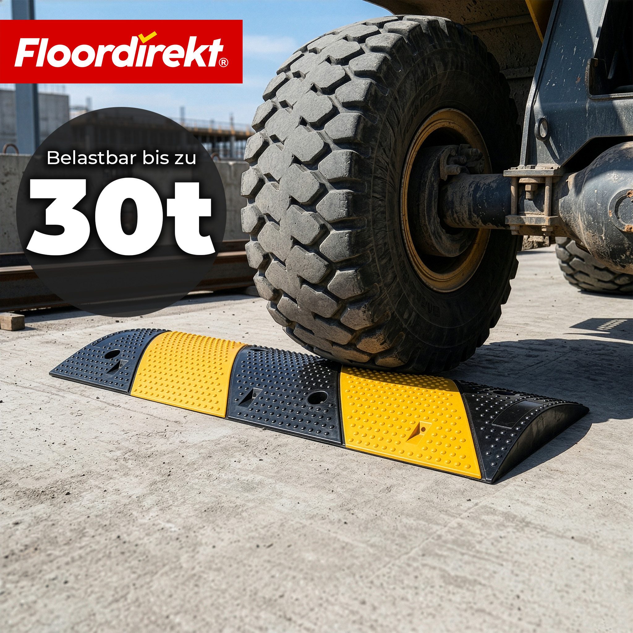 Floordirekt Parkschwelle Pico Bodenschwelle, Fahrbahnschwelle aus Gummi 100x30 cm bis 30 Tonnen, (1-St), Bremsschwelle Einfahrt Parkplatz gelb-schwarz rutschhem – Bild 5 von 5