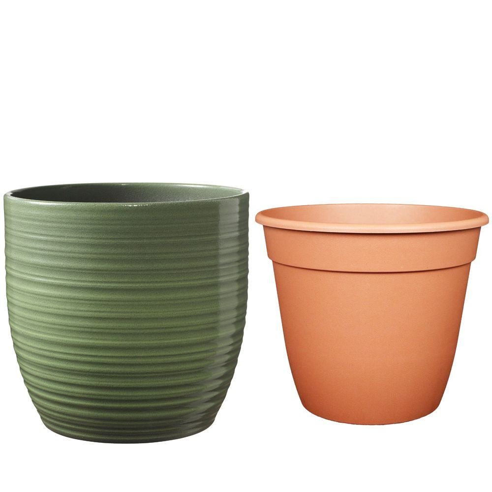 Heimwerkercenter Übertopf Set - Keramikübertopf Bergamo ø21 cm, blattgrün + Pflanztopf ø20