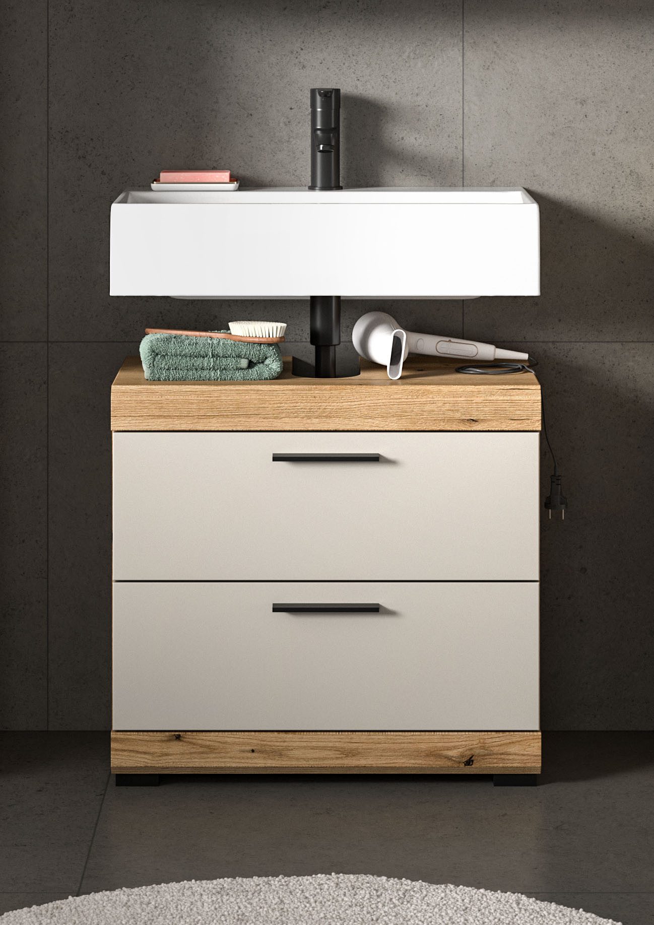 welltime Waschbeckenunterschrank SIENA, Breite 60cm, mit 2 Türen oder 2 Schubkästen, MDF-Front (1-St., TOPSELLER!, mit Siphonausschnitt 10x25 cm) in verschieden – Bild 2 von 5