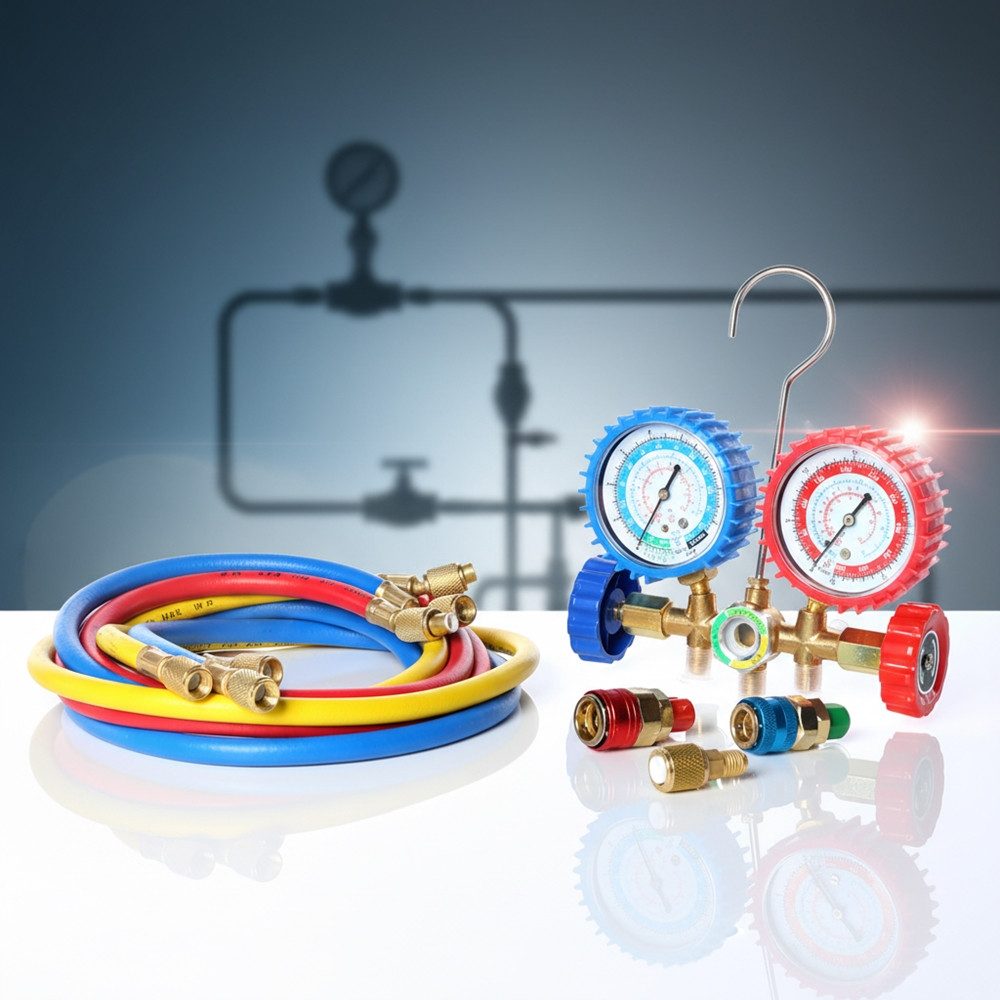 Mucola Klimaanlagenschlauch 2-Wege Monteurhilfe für Klimaanlage Manometer Klimaanlagen Set, Zubehör für Klimaanlagen, 2 Schnellkupplungen mit Adaptern für den Gebrauch in Auto Klimaanlagen