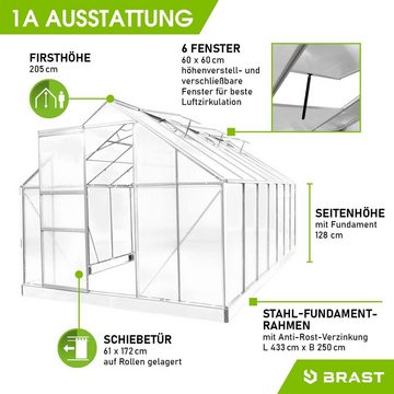 BRAST Gewächshaus ALU mit Fundament rostfrei 430x250x205cm TÜV geprüft, wetterfestes hochwertiges Aluminium