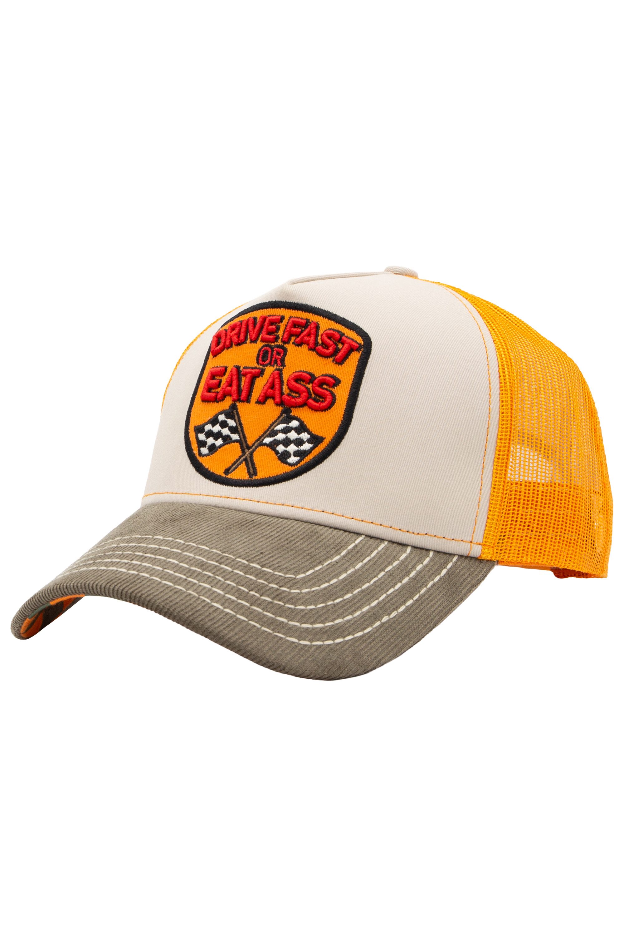 KingKerosin Trucker Cap Drive Fast Schirm aus Cord mit Schachbrett-Unterseite und Patch in Schildform