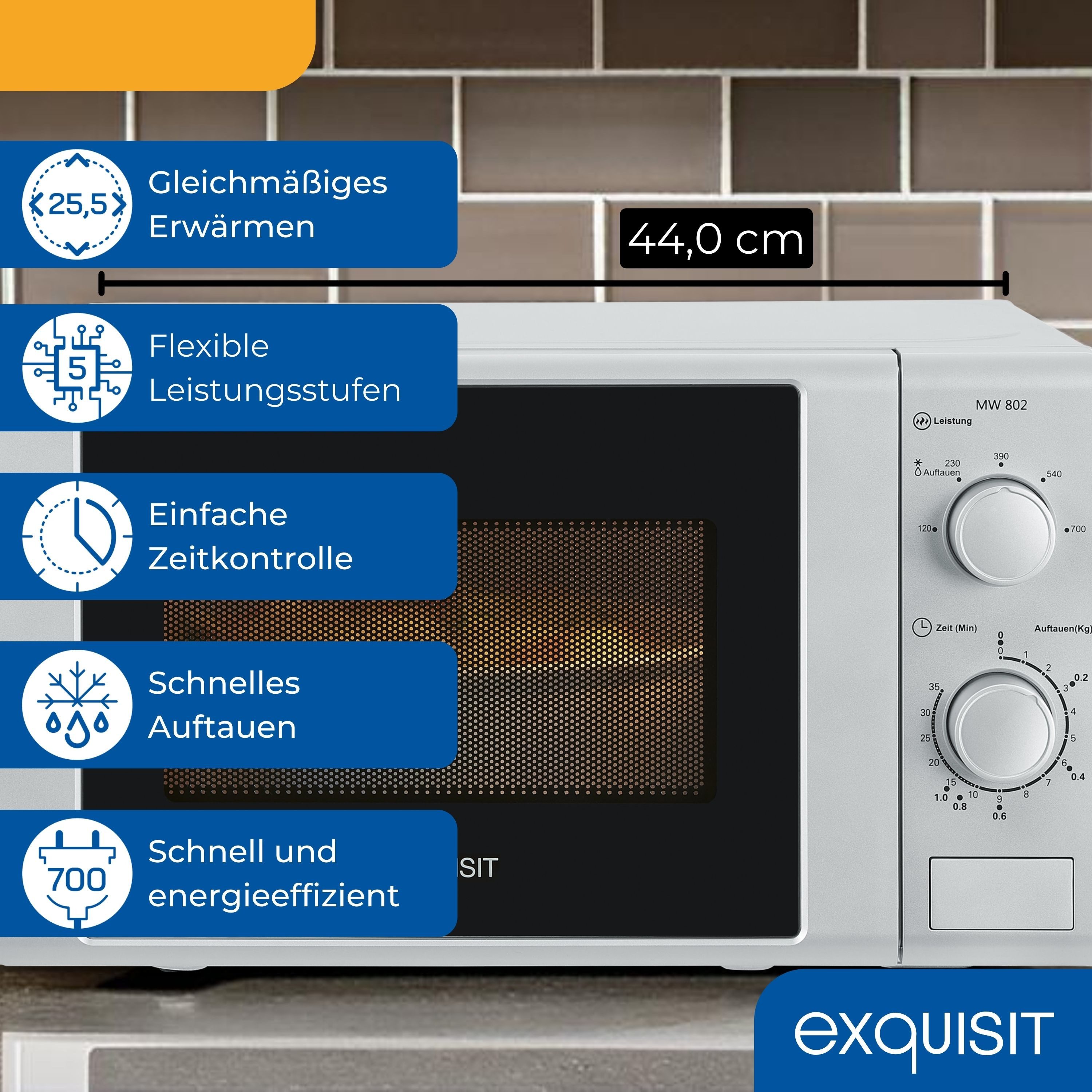 exquisit Mikrowelle MW 802, Mikrowelle, 20,00 l, 20 Liter, 25,5 cm Drehteller, inkl. Timer, einfach Bedienung, 700 Watt