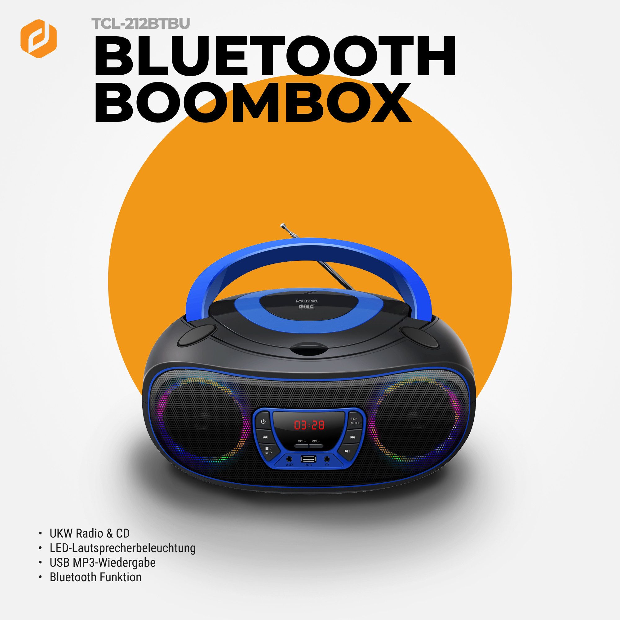 Denver TCL-212BTBU CD-Player (Bluetooth, LED-Beleuchtung in Lautsprechergittern, Bluetooth, USB & AUX, CD/FM, LED-Beleuchtung in Lautsprechergittern, Bluetooth, USB & AUX, CD/FM)