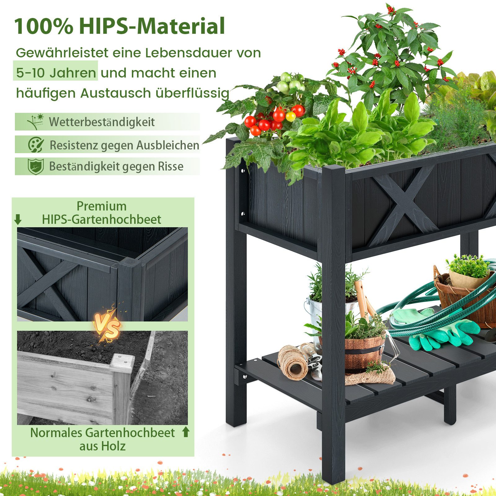 COSTWAY Hochbeet (1 St), erhöhtes Blumenbeet, mit Ablage, 86x45x73 cm