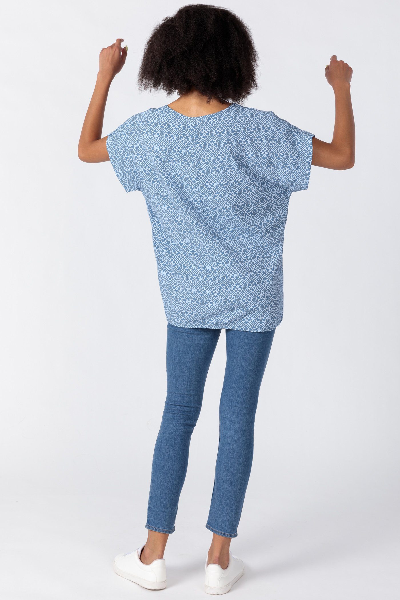 Viskose Damen jeansblau Shirtbluse PEKIVESSA aus Schulter überschnittener Kurzarm mit Schlupfbluse