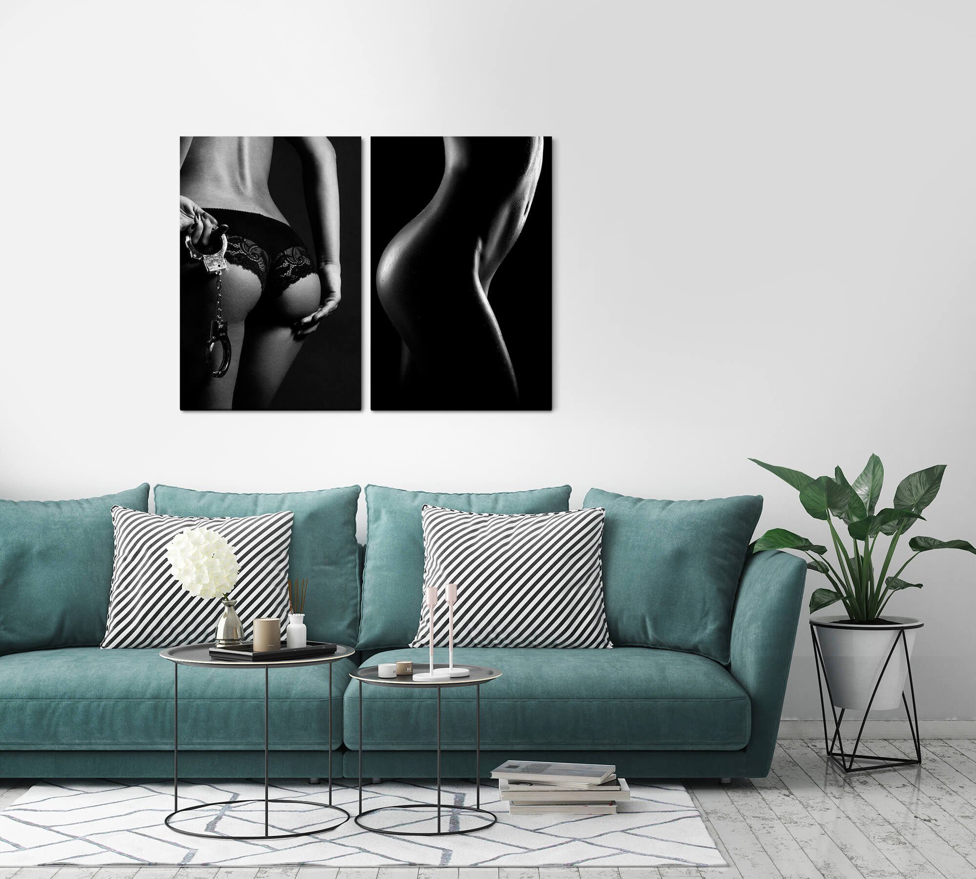 Sinus Art Leinwandbild 2 Bilder je 60x90cm Akt Erotisch Dessous Handschellen Aktfotografie Schwarz Weiß Verführerisch