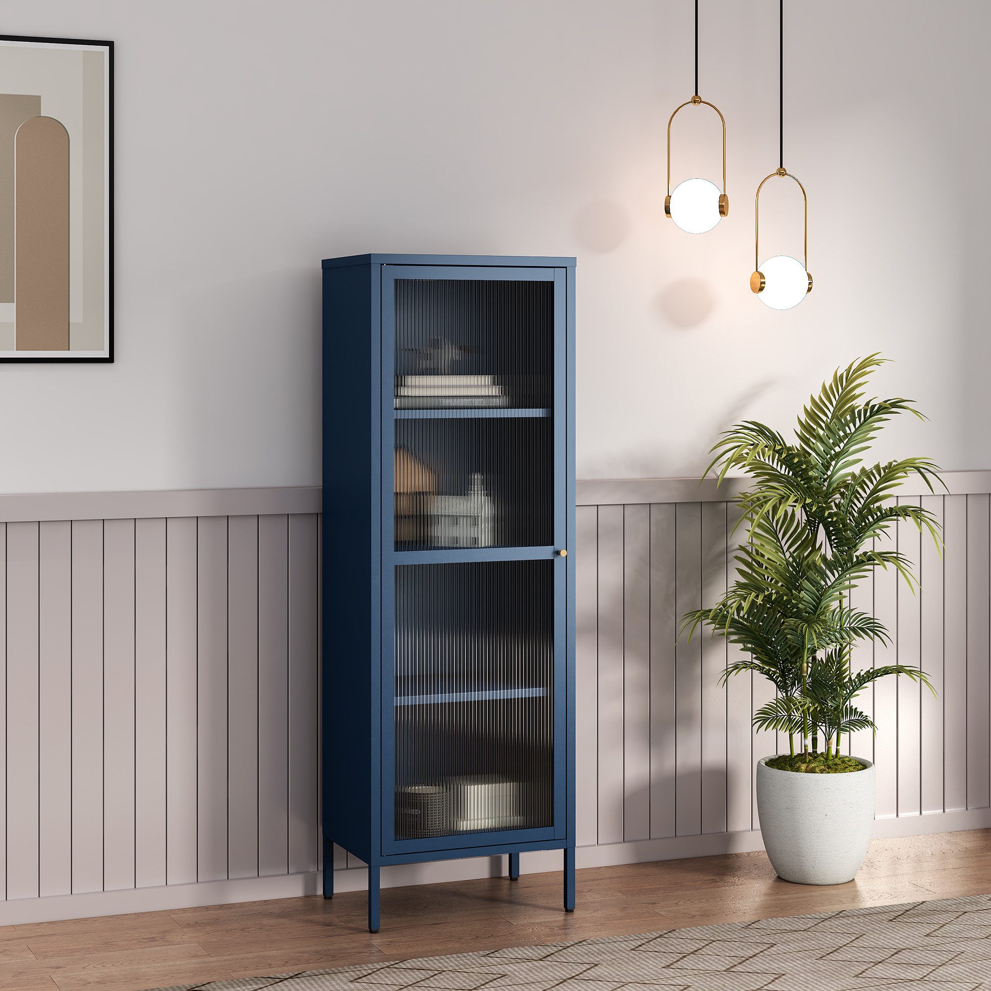 en.casa Vitrine »Säkylä« mit 1 Tür Stahl 150 x 50 x 35 cm Navyblau