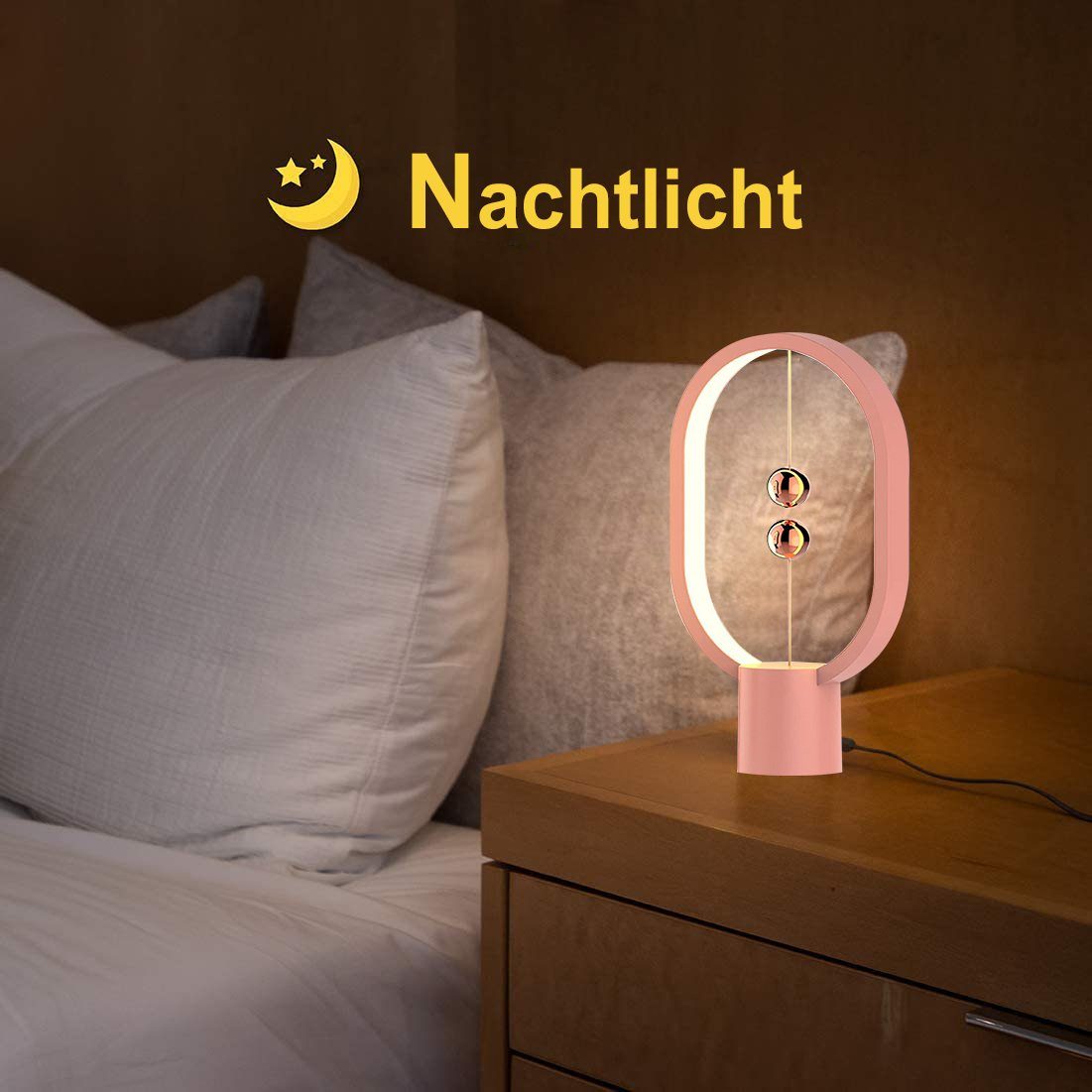 Schalter, Rosnek Nachttisch Warmweiß, Balance Nachttischlampe Heng Licht für Rosa Büro Schlafsaal LED USB, Deko, Magnetischer