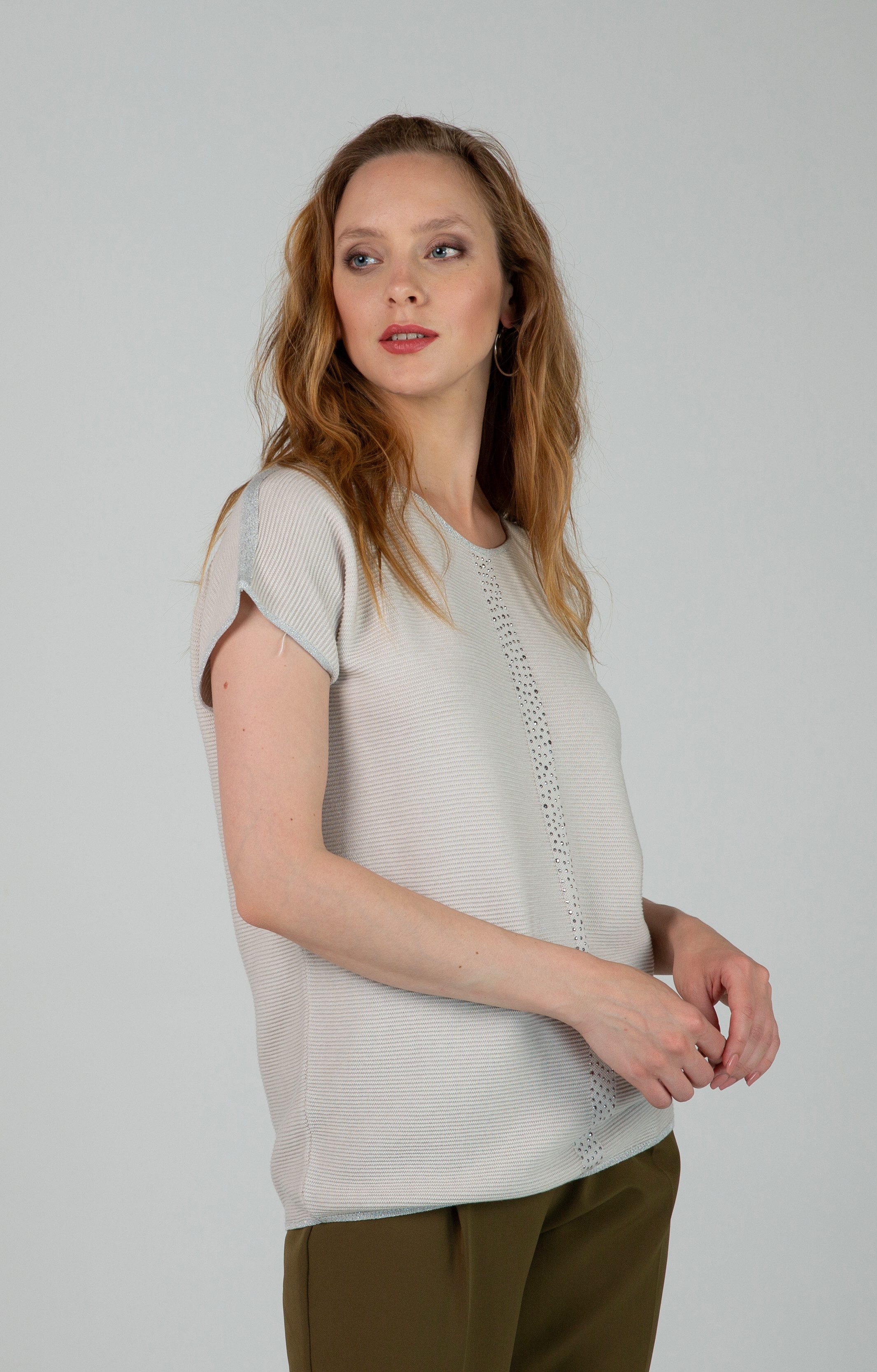 Passioni Kurzarmpullover Sommerpullover in Beige, mit Glitzerbändern und St günstig online kaufen