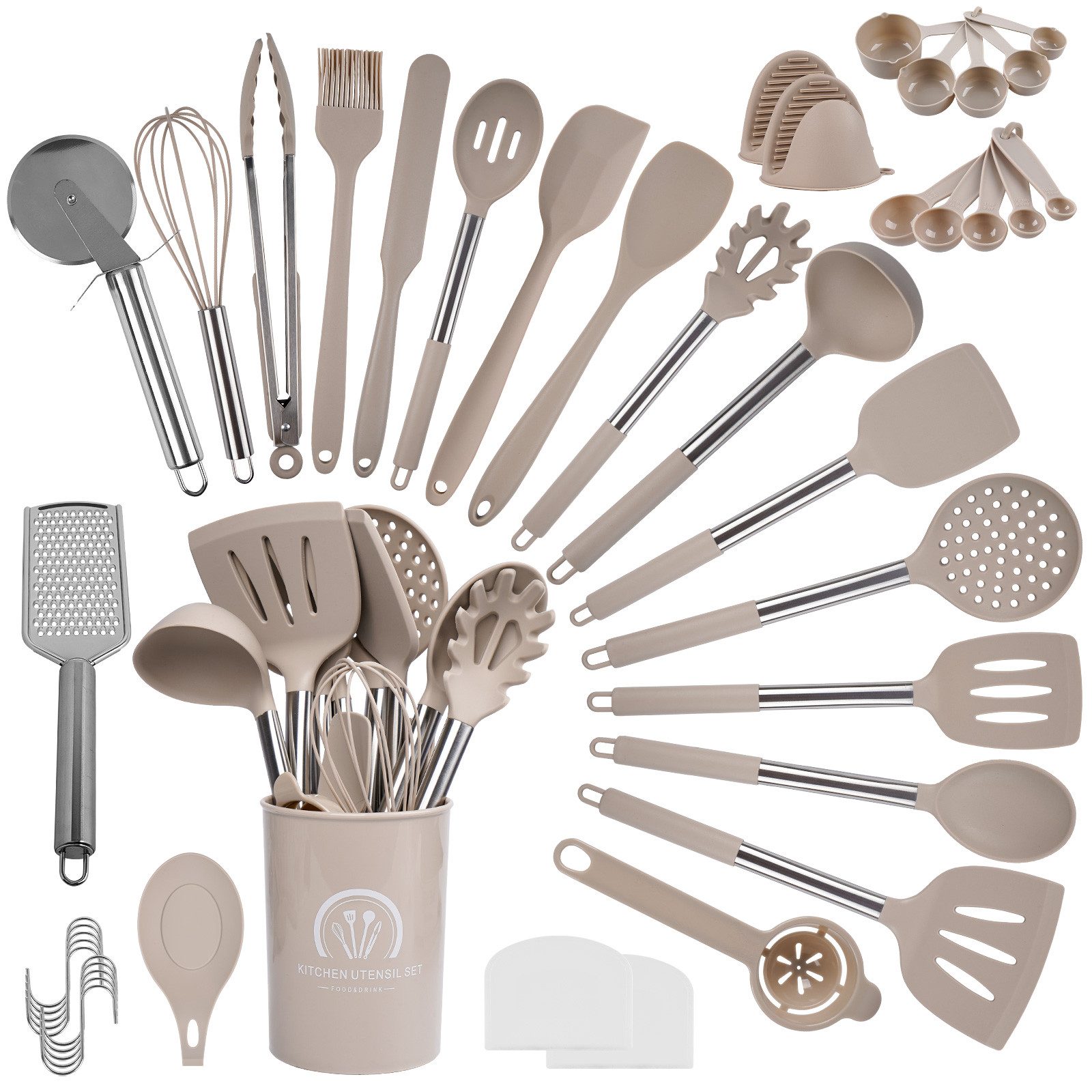 ElitVita Поварские наборы-Set 45 Silikon Küchenhelfer, mit Utensilienhalter, Mit Aufhängeschlaufe (45-tlg., Spatel, Suppenlöffel, Bratspatel, Puderkralle, Lebensmittelklammer), Griff aus rostfreiem Stahl, Spatel Bratspatel Suppenkelle Снегоочистители