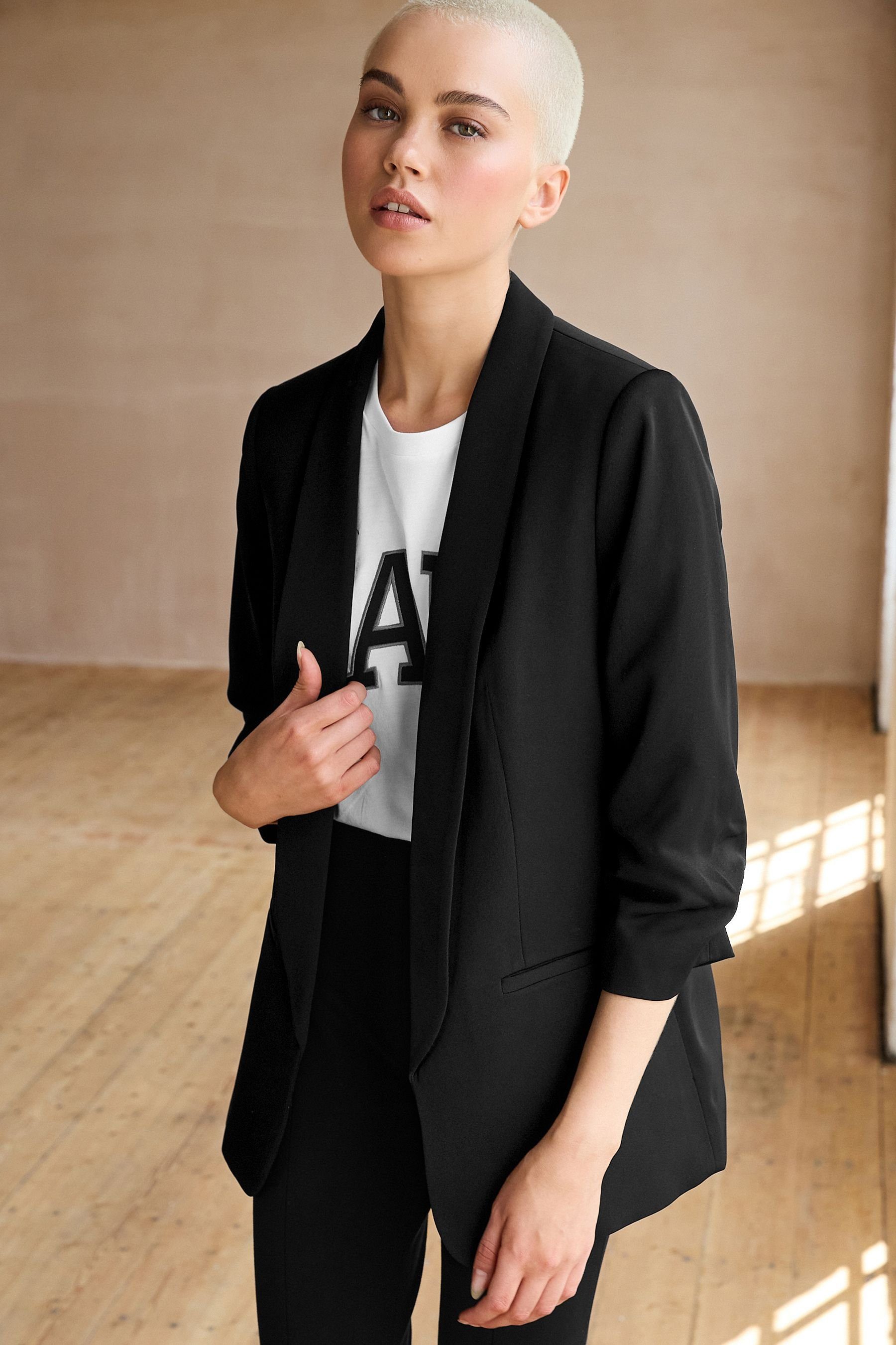 Next Jackenblazer Relaxed Fit Blazer mit Raffärmeln und Vichykaros (1-tlg)
