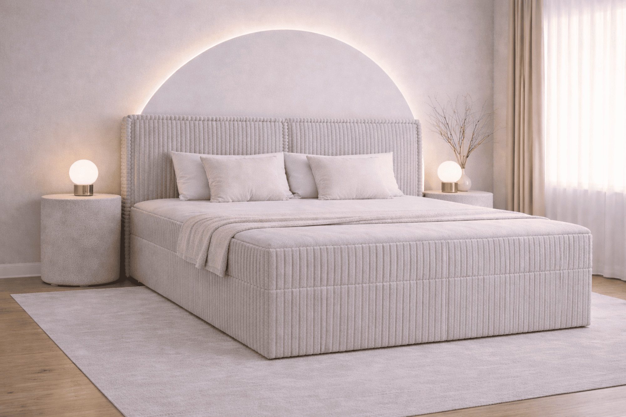 MOEBLO Boxbett Bett 04 (Bonnellmatratzen + Topper, Doppelbett gepolstertes Kopfteil Bett mit Bettkasten, aus Cord, Polsterbett Kontinentalbett), (BxHxT):143/163/183x113x214cm