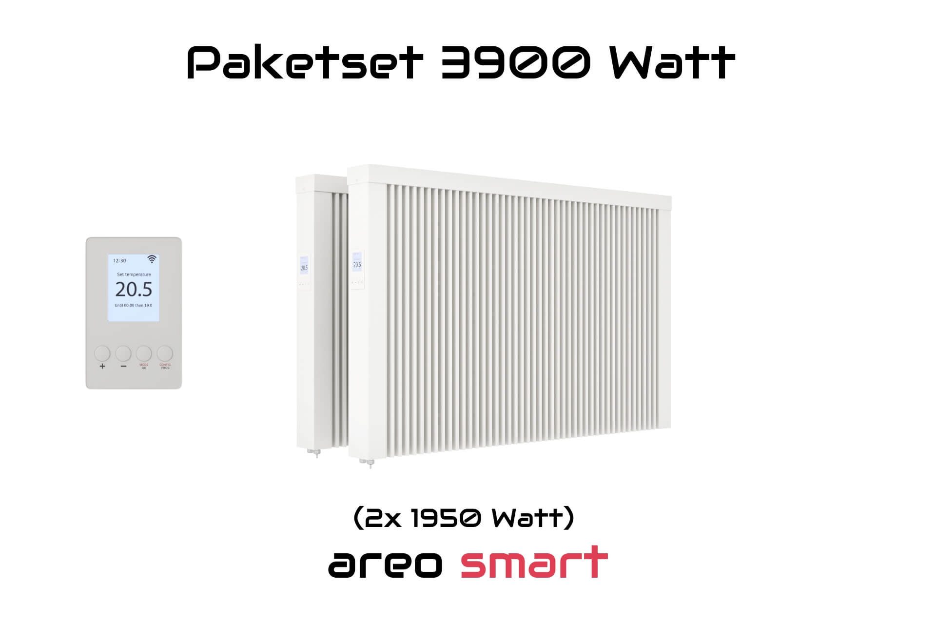 eVARMO Elektro-Heizkörper Paketset nach Wattzahl Flächenspeicherheizung areo smart, Digitales Thermostat mit LCD-Display und 4 Knöpfen