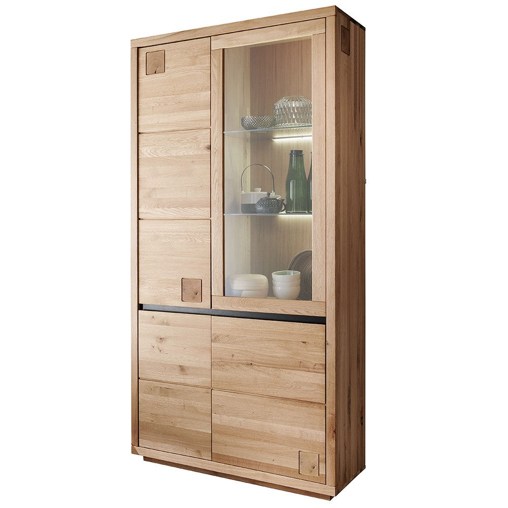 Lomadox Vitrine WINCHESTER-69 Vitrinenschrank Standvitrine 103 cm Eiche massiv geölt Hirnholz-Detail