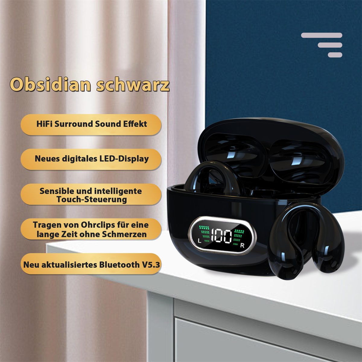 Bluetooth-Headset-Ohrclip v5.3 Digitaldisplay Tragen (Bluetooth + Ohrclips) selected carefully intelligentes schmerzloses Schwarz mit des + Kopfhörer Rauschunterdrückungsfunktion