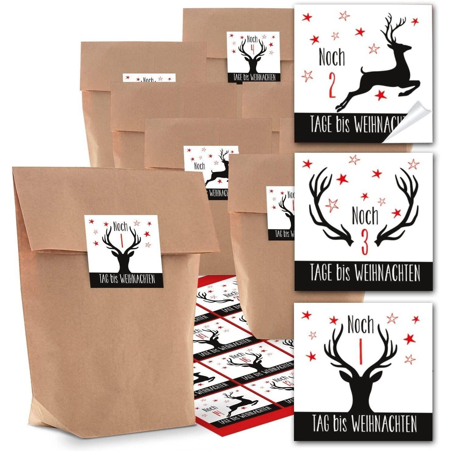 Logbuch-Verlag Aufkleber Adventskalender Bastel-Set: 24 braune Papiertüten + quadratische