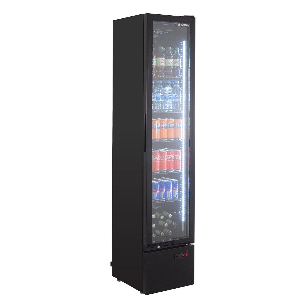 GastroHero Getränkekühlschrank Getränkekühlschrank GKS-160, Glastür & LED I abschließbar, 200.3 cm hoch, 44.8 cm breit, Innenbeleuchtung, inklusive 5 höhenverstellbaren Rosten, Slim-Design