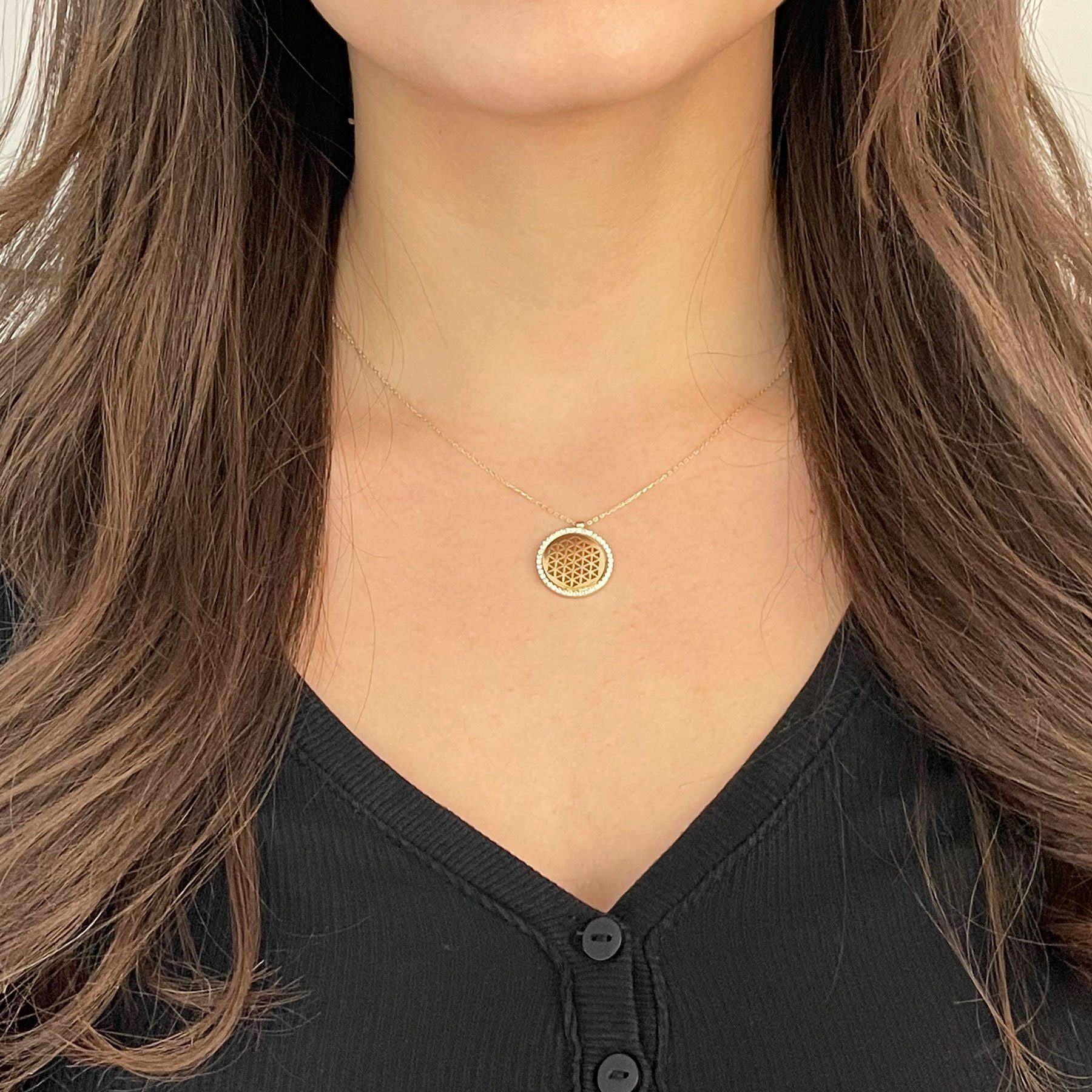 Stella-Jewellery Collier 585er Gold Kette m, Lebensblume Anhänger Zirk. Ø18, Collierkette mit Zirkonia