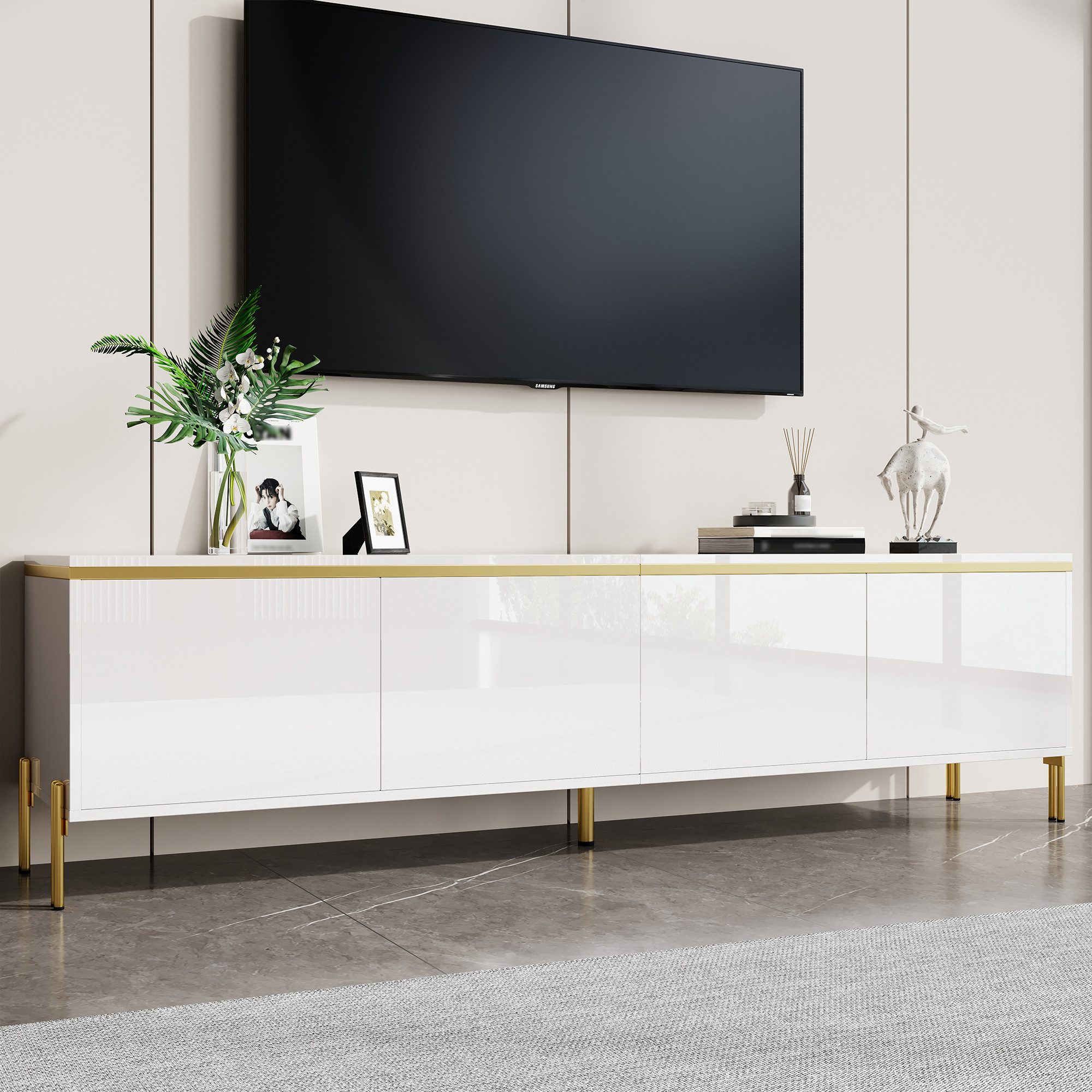 Merax Lowboard hochglanz TV-Ständer mit goldenen Zierelementen & Kabeldurchführungen (1 St), TV-Schrank mit 4 Schranktüren und Metallbeinen, 170x38x50cm