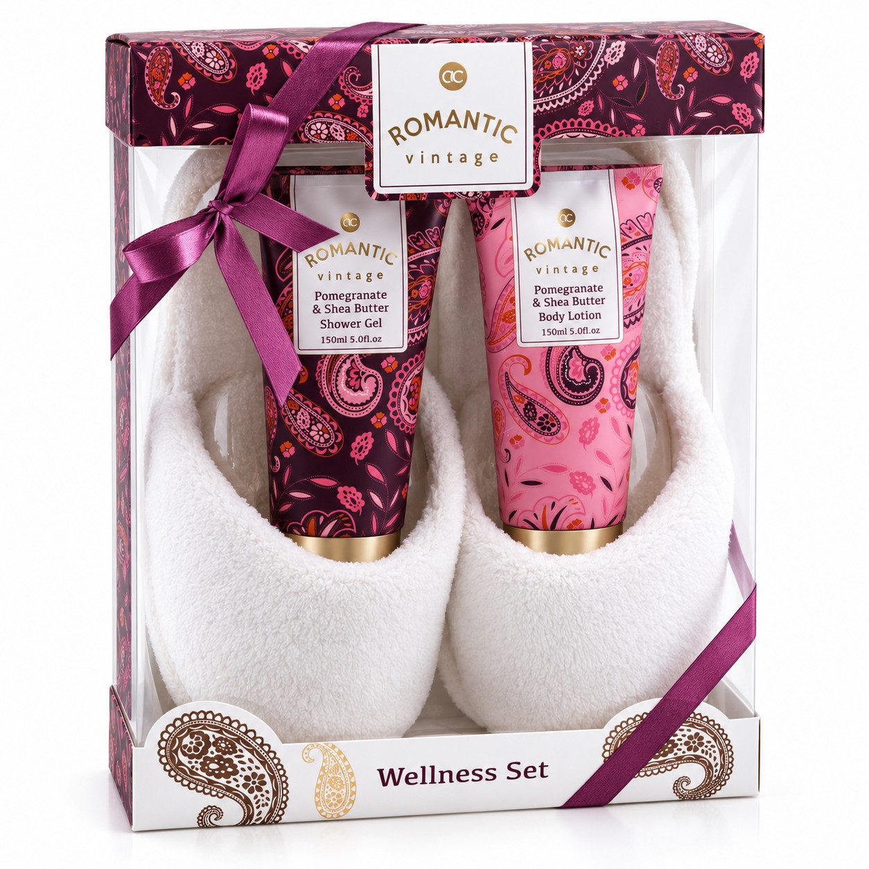 ACCENTRA Hautpflege-Set ROMANTIC vintage Wellness Set - Pantoffeln Duschgel Bodylotion Set, 3-tlg., Mit Duft nach Granatapfel & Shea Butter