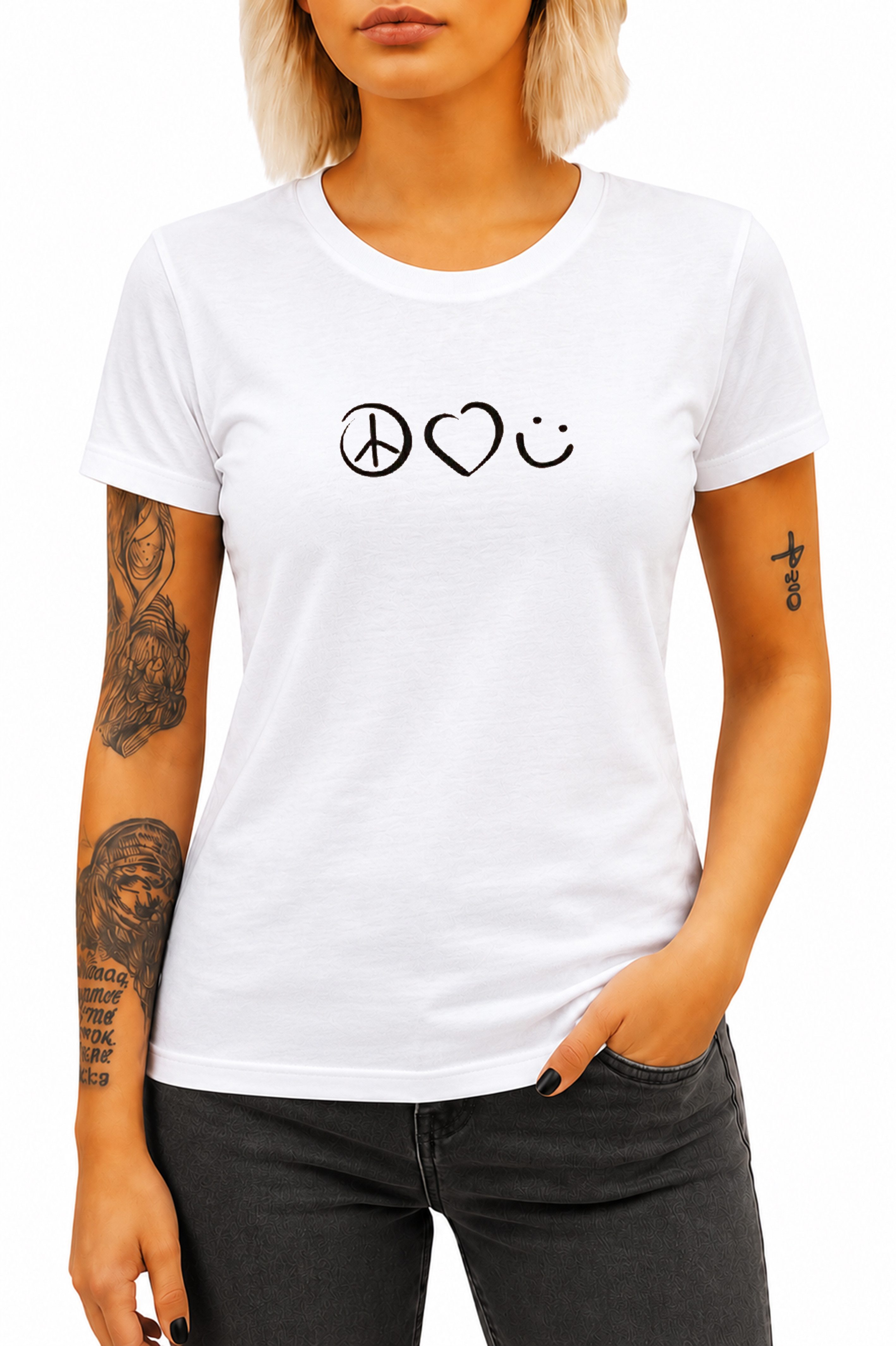 Banco T-Shirt Damen Peace Love Smile Printshirt Rundhals Kurzarm 100% Baumwolle