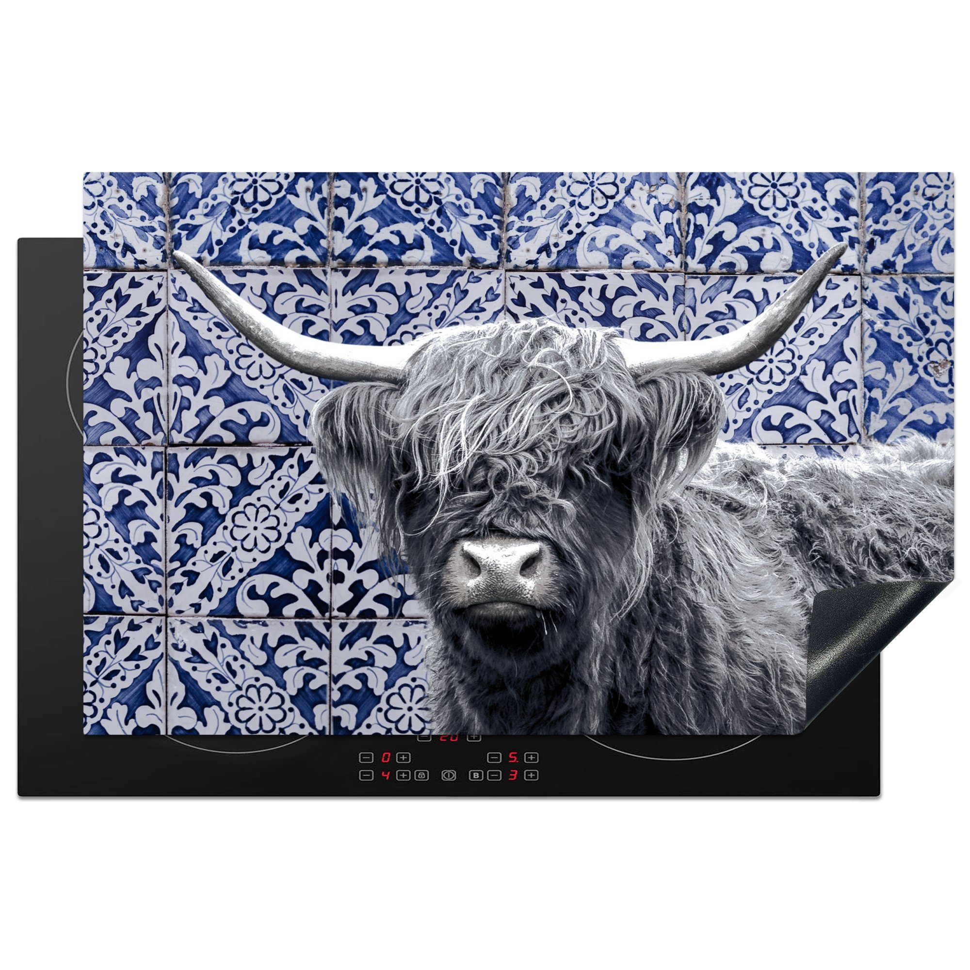 MuchoWow Herdblende-/Abdeckplatte Scottish Highlander - Delfter Blau - Schwarz - Weiß, Vinyl, (1 tlg), 81x52 cm, Induktionskochfeld Schutz für die küche, Ceranfeldabdeckung