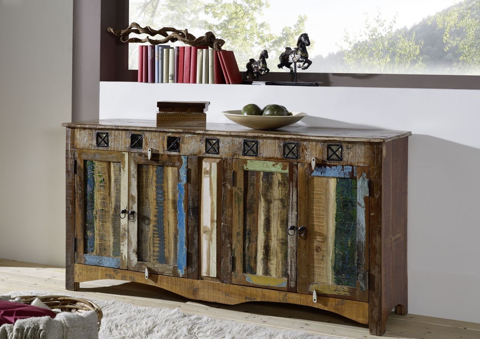 Massivmoebel24 Sideboard Sideboard Altholz 178x42x88 mehrfarbig lackiert NATURE OF SPIRIT #40