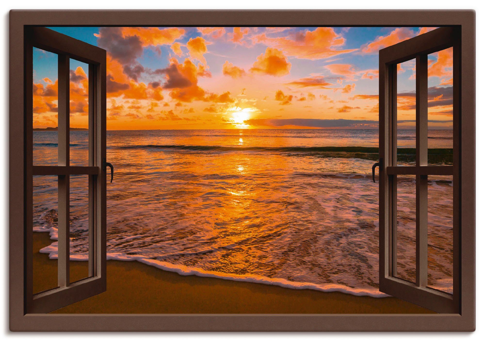 Artland Wandbild Fensterblick Sonnenuntergang am Strand, Sonnenaufgang & -untergang (1 St), als Leinwandbild, Poster, Wandaufkleber in verschied. Größen