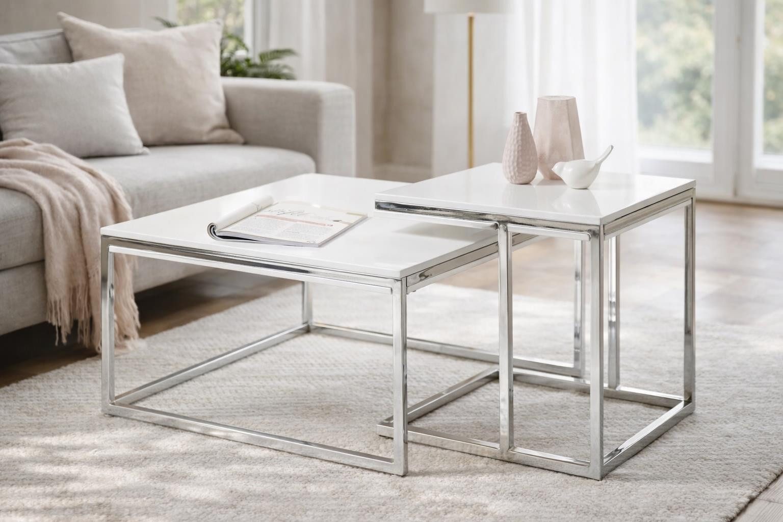 möbelando Satztisch Reno, in weiß, MDF und Metall - 70x50x70cm (BxHxT)