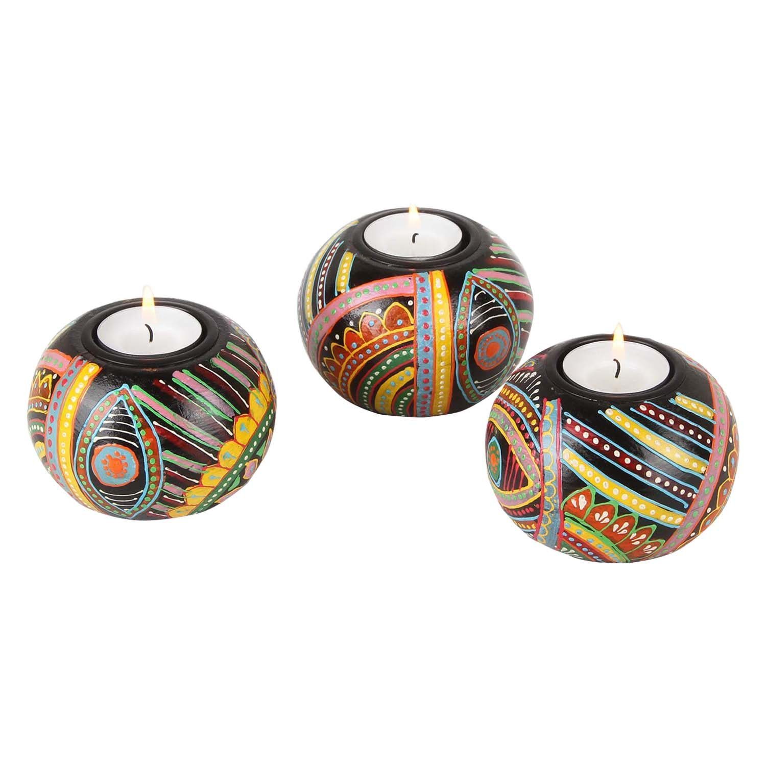 Casa Moro Teelichthalter Orientalische Teelichthalter Aicha aus Holz handbemalt (einzigartige Wohn Tisch Deko, 3er Set schwarz bunt afrikanisch handbemalt), Ramadan Dekoration