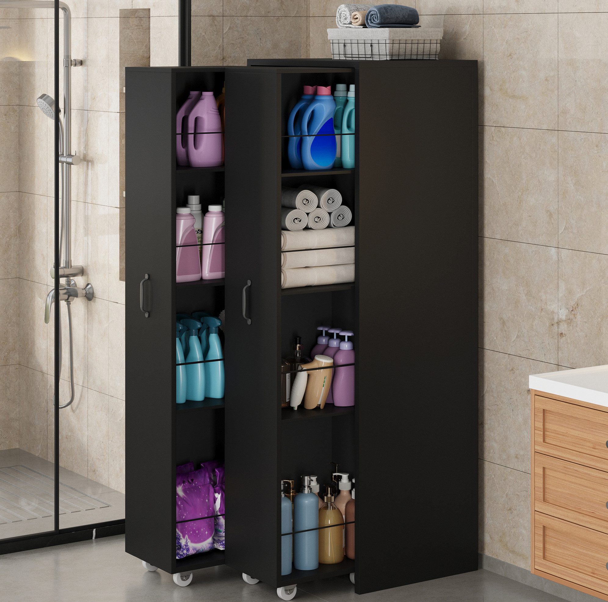 MODFU Bücherregal Kompaktes Rollregal – 51.5×158×41 cm mit 4 Ebenen, Packung 1-tlg., 20 kg pro Ebene, MDF, platzsparendes Design