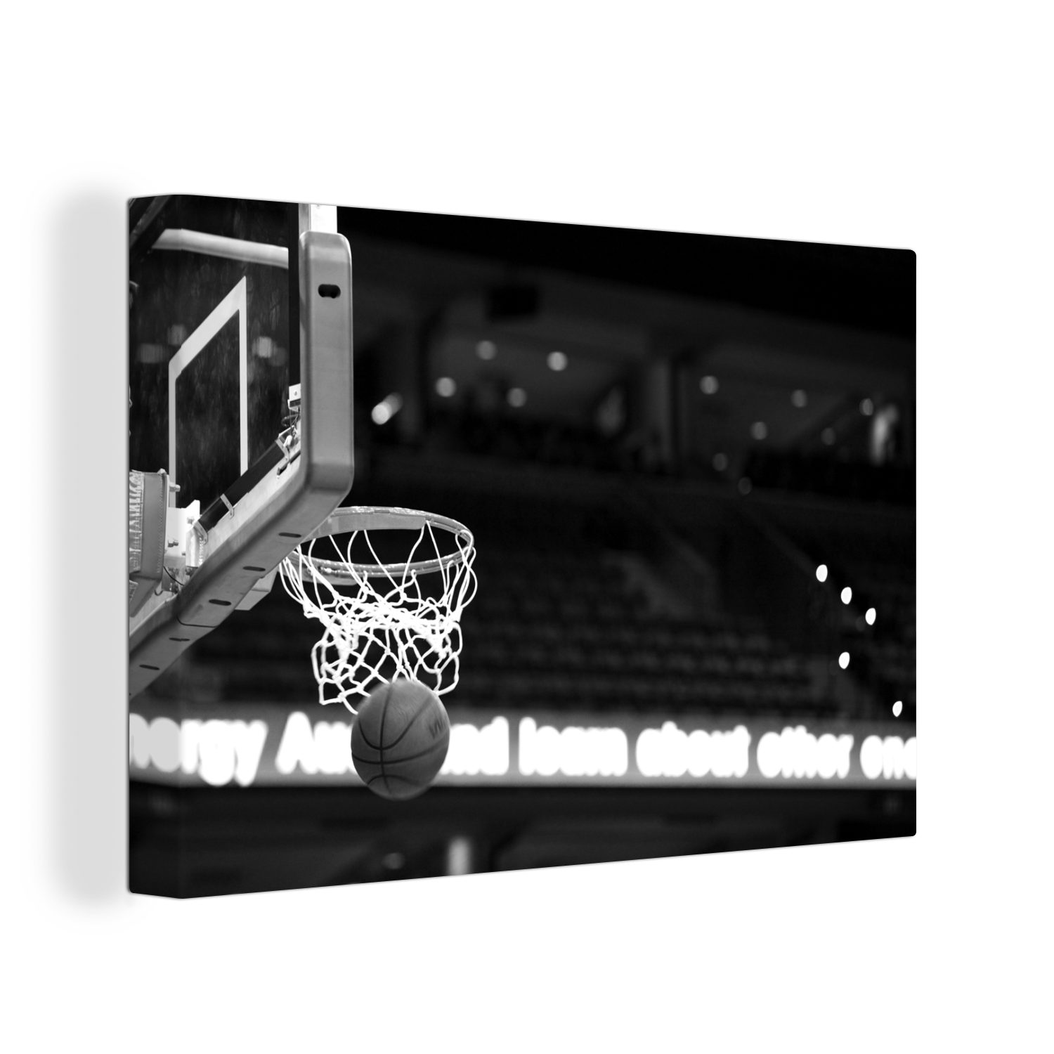 OneMillionCanvasses® Leinwandbild Basketball geht durch den Korb - schwarz und weiß, (1 St), Wandbild Leinwandbilder, Aufhängefertig, Wanddeko, 30x20 cm