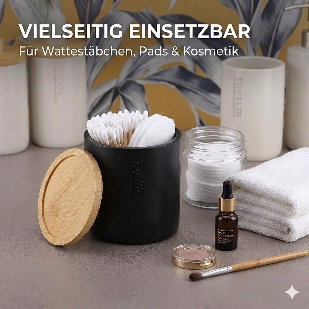 TENDANCE Wattestäbchenspender Wattedose Wattepadspender Kosmetikdose Wattebehälter Polyresin/Bambus