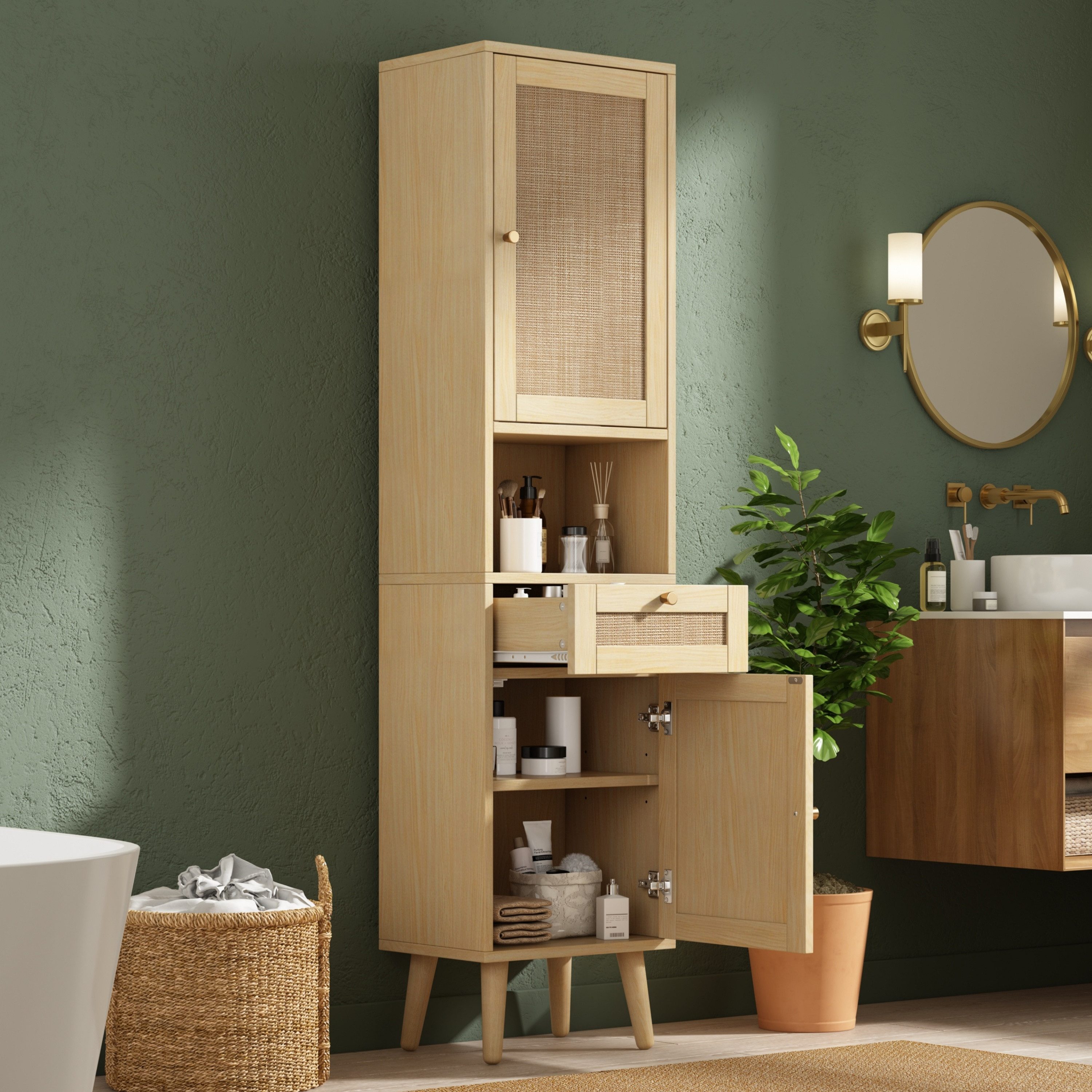 Flieks Badkommode schmal Hochschrank mit Rattan-Türen und Schubladen, Massivholzbeine (Türanschlag rechts oder links wechselbar, 1 St., 40×30×166 cm), Badezimmerschrank Multifunktionsschrank Soft-Close-Funktion Natur