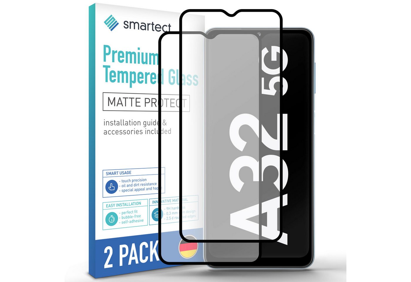 smartect Displayschutzglas 2X Schutzglas Panzerfolie Full Screen Matt für Samsung Galaxy A32 5G für Samsung Galaxy A32 5G, Set, 2 Stück, Entspiegelt, 9H Härte, Kratzfest, Stoßfest, Blasenfrei, Oleophob