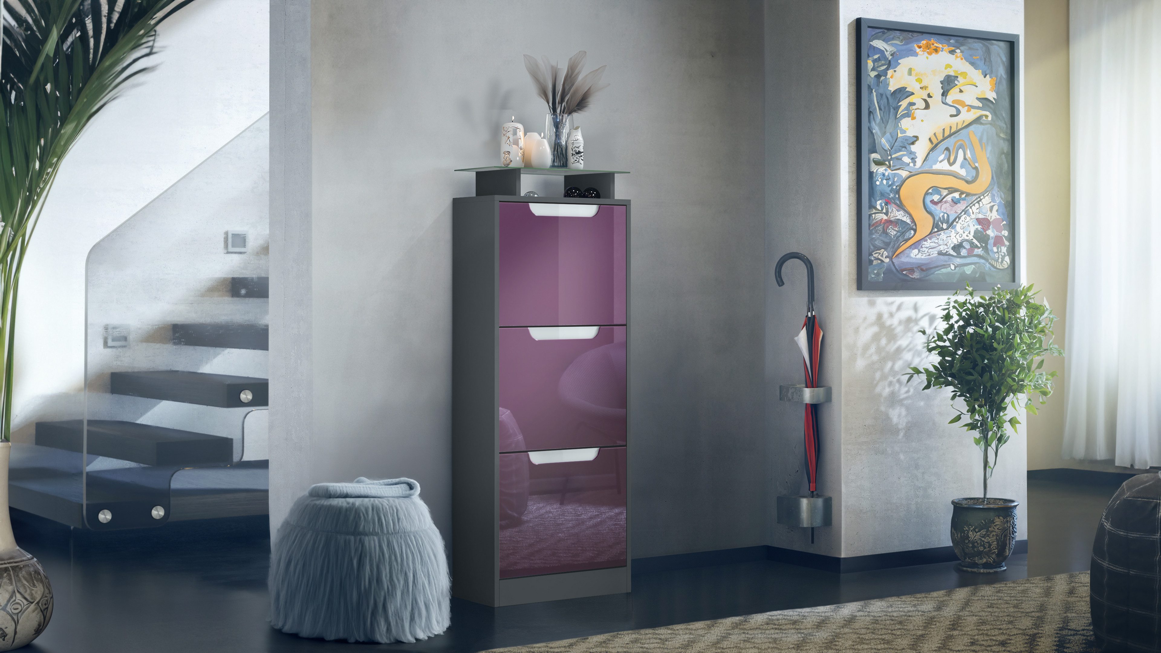 Vladon Schuhschrank Space V2 (Schuhkipper, für 12 Paar Schuhe mit 3 Klappen und Glasablage) Anthrazit matt/Brombeer Hochglanz (46 x 128 x 23 cm)
