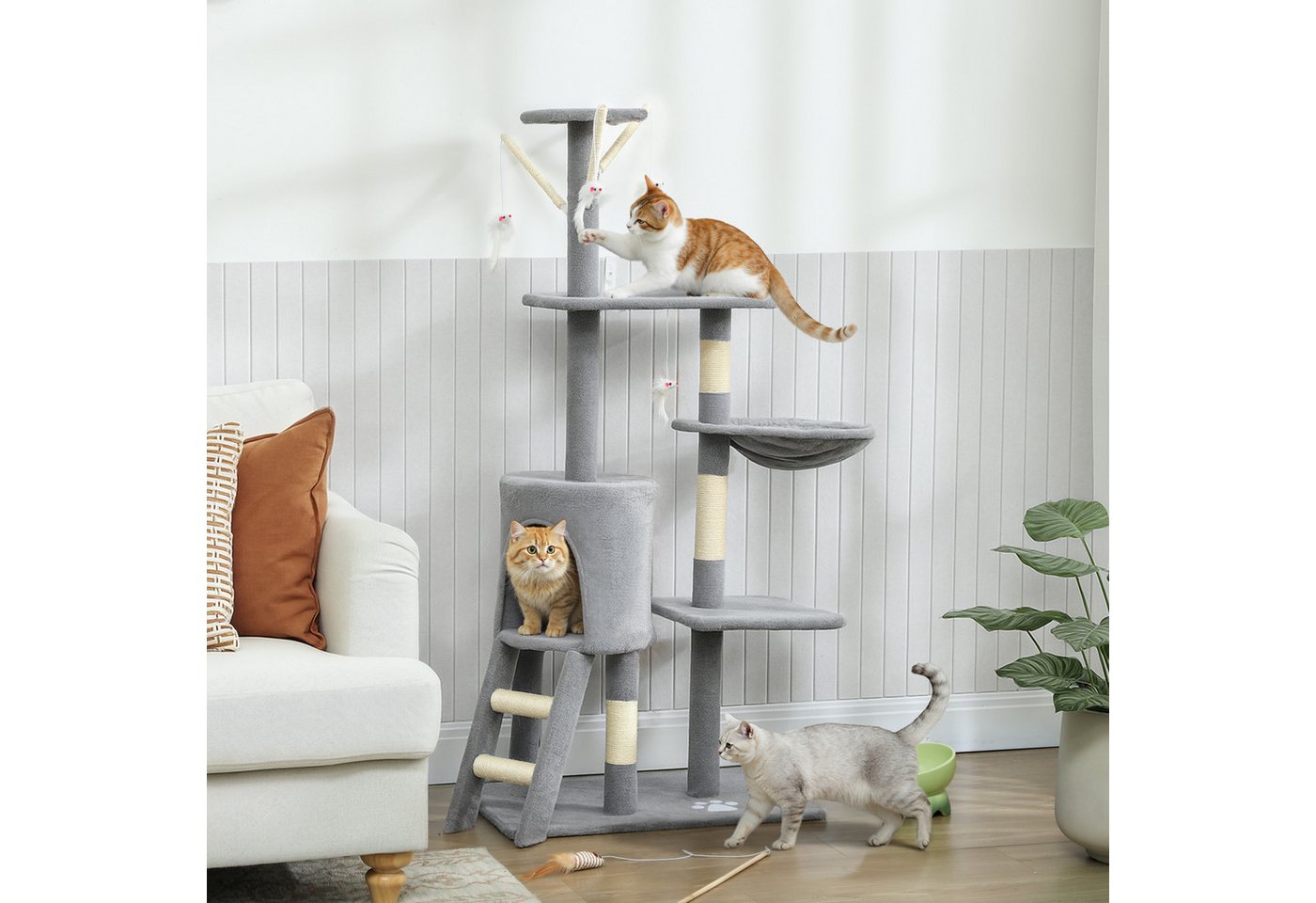 PawHut Kratzbaum Katzenbaum mit Höhle, Sisalstämme, große Plattform, Kratzbaum, für Katzen bis 5 kg, Grau