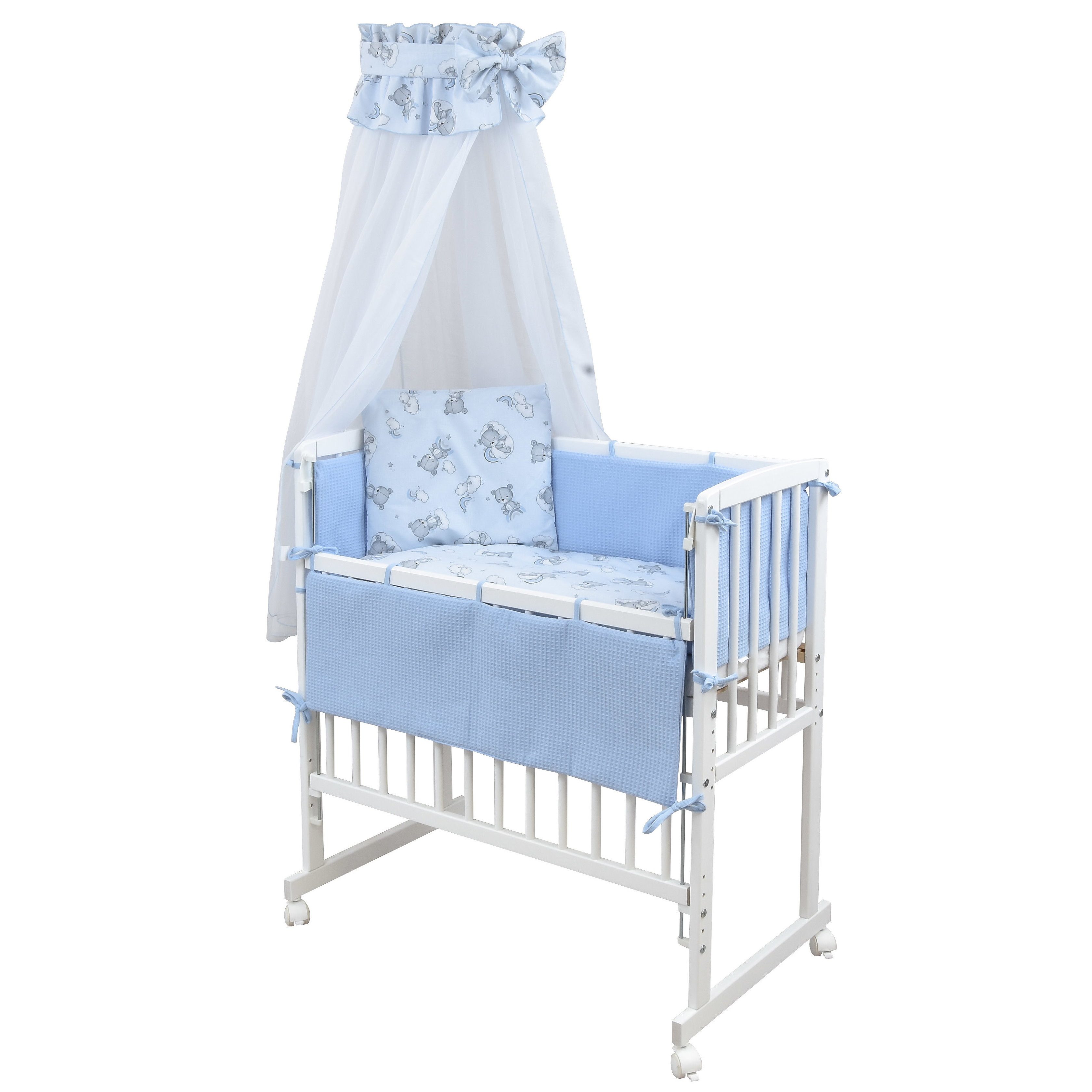Baby-Delux Beistellbett Babybett Waffelpique Bärchen Blau, Stillbett 90x40 weiß höhenverstellbar, Matratze inkl. komplett Set
