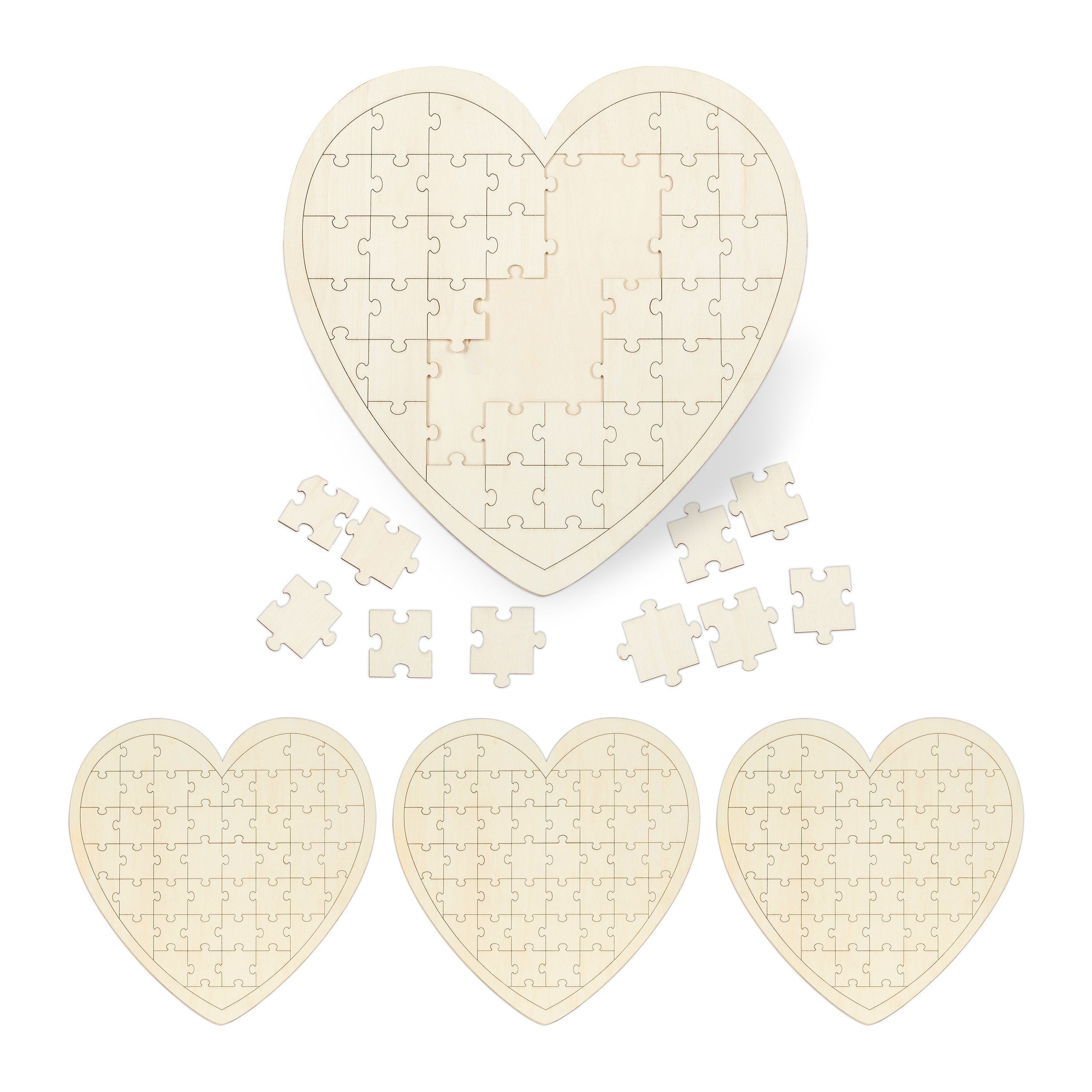 relaxdays Puzzle 4 x Herzpuzzle Hochzeit aus Holz, Puzzleteile