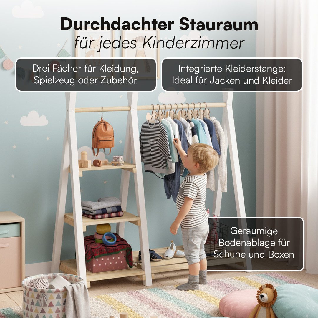 Bellabino Kleiderständer Ryck für Kinder im Tipi-Design, (mit weißen Beinen, inkl. 3 Fächern), Kindergarderobe mit Kleiderstange & Schuhablagefläche