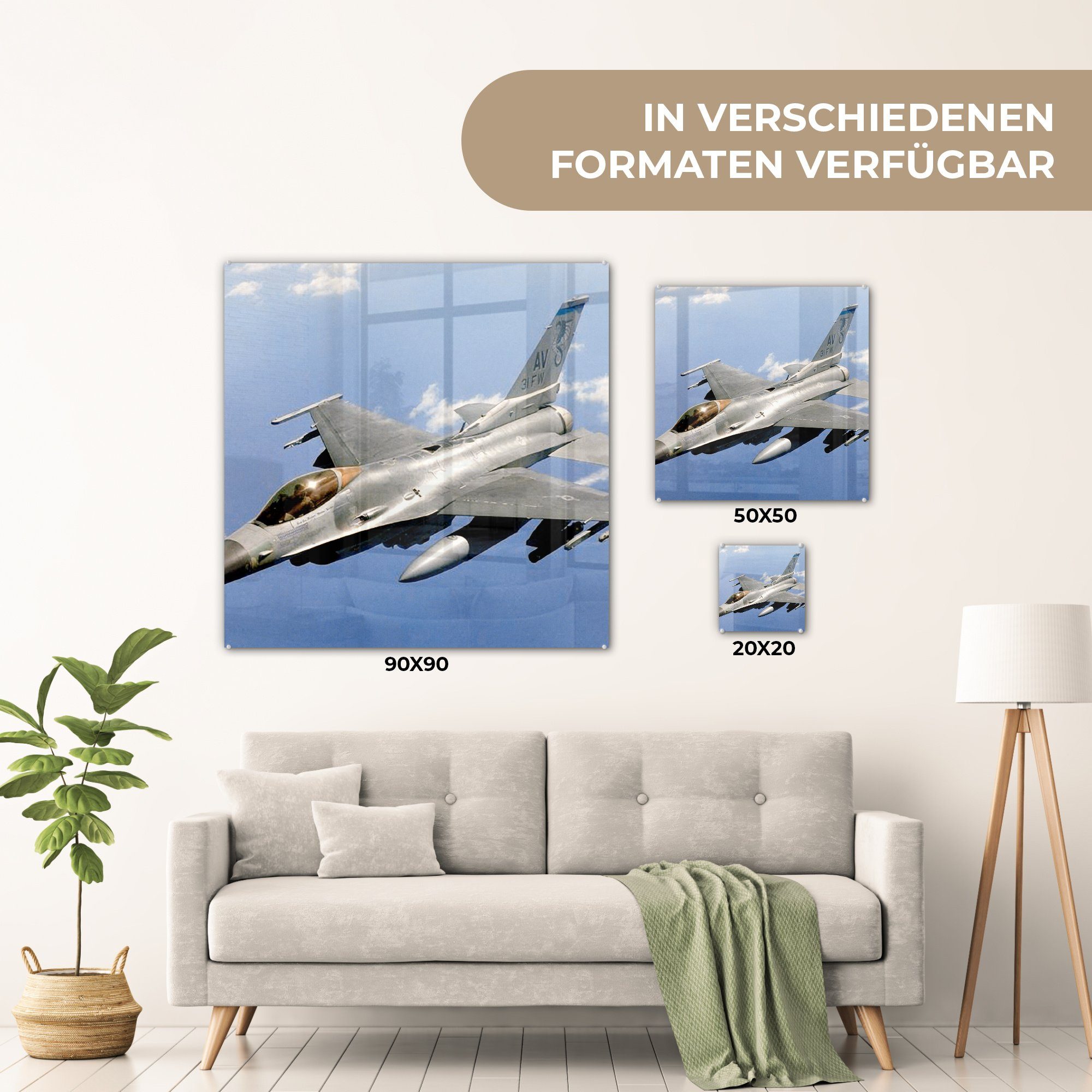 MuchoWow auf Das (1 Fighting - - Acrylglasbild St), F-16 Wanddekoration Bilder Wandbild Kampfflugzeug - Foto Glas Falcon, auf Glasbilder Glas