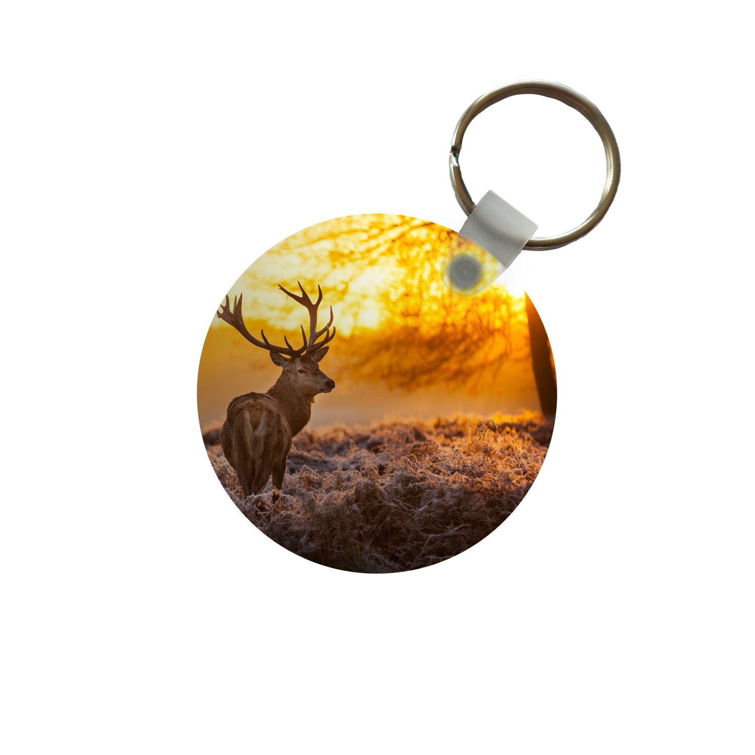 Schlüsselanhänger Hirsche - Tiere - Sonnenuntergang - Winter - Heidekraut - Natur